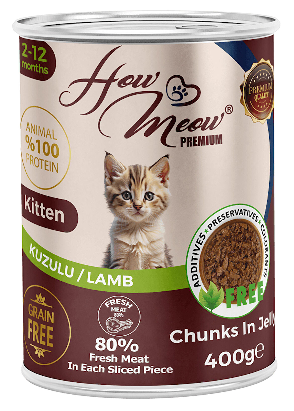 HOW MEOW 12 ADET JÖLELİ PARÇA ETLİ YAVRU KEDİ YAŞ MAMASI KUZULU 400 GRAM