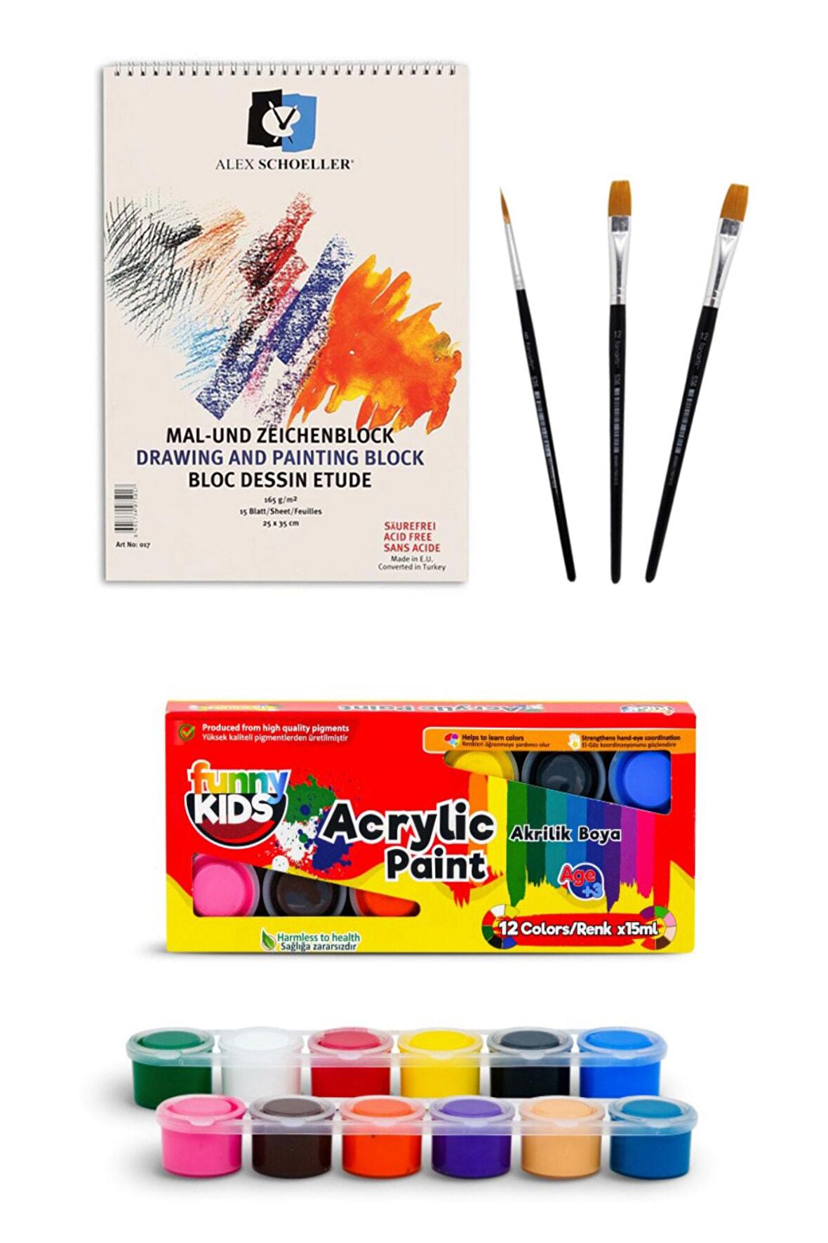 Resim Defteri 25x35 Spiralli 165 Gr 15 Yaprak Funny Kids 12 Renk Akrilik Boyası 12x15 Ml Set