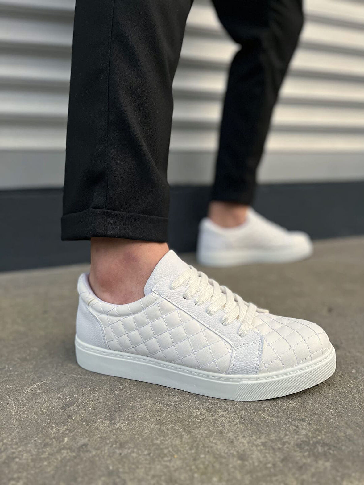 JY166 Prestige Bağcıklı Cilt Kapitone Desenli Erkek Günlük Sneaker Ayakkabı CBT - Beyaz