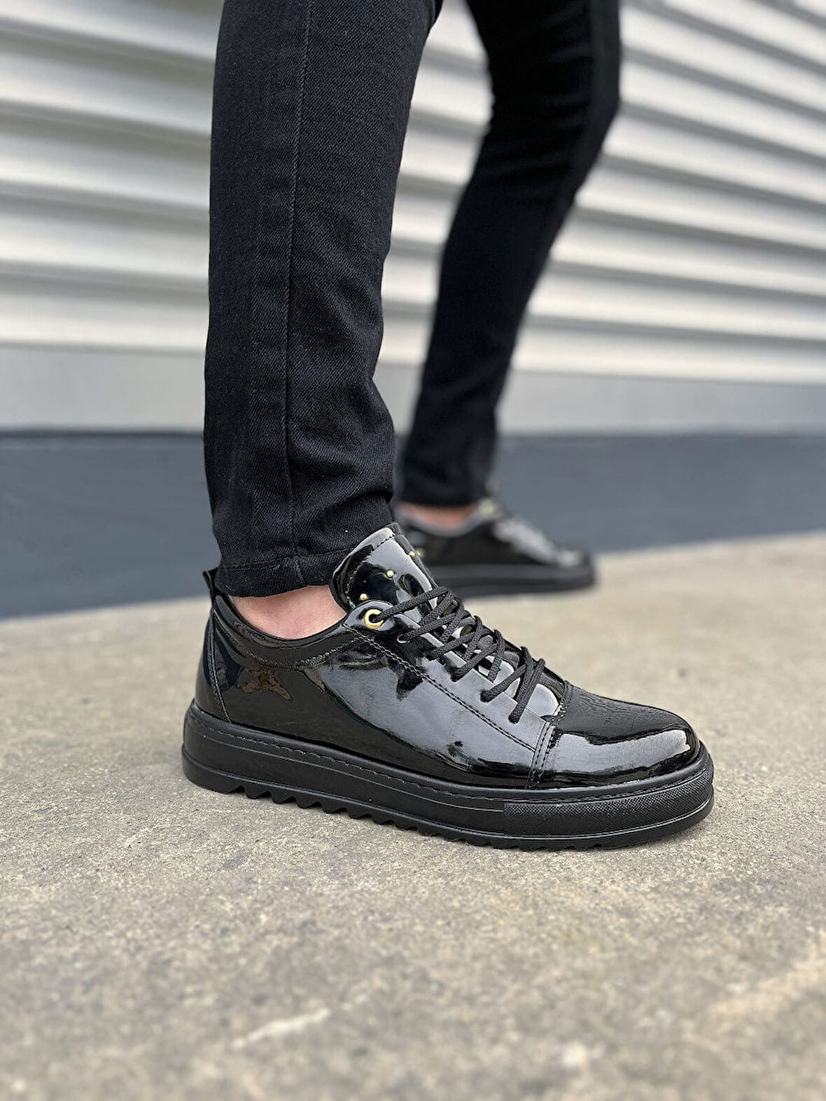 JY152 Cool Bağcıklı Rugan Erkek Günlük Spor Klasik Ayakkabı RST - Siyah