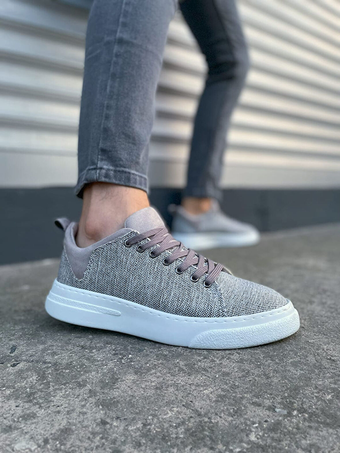 JY204 Flex Bağcıklı Keten Kumaş Erkek Günlük Sneaker Ayakkabı KBT - Gri