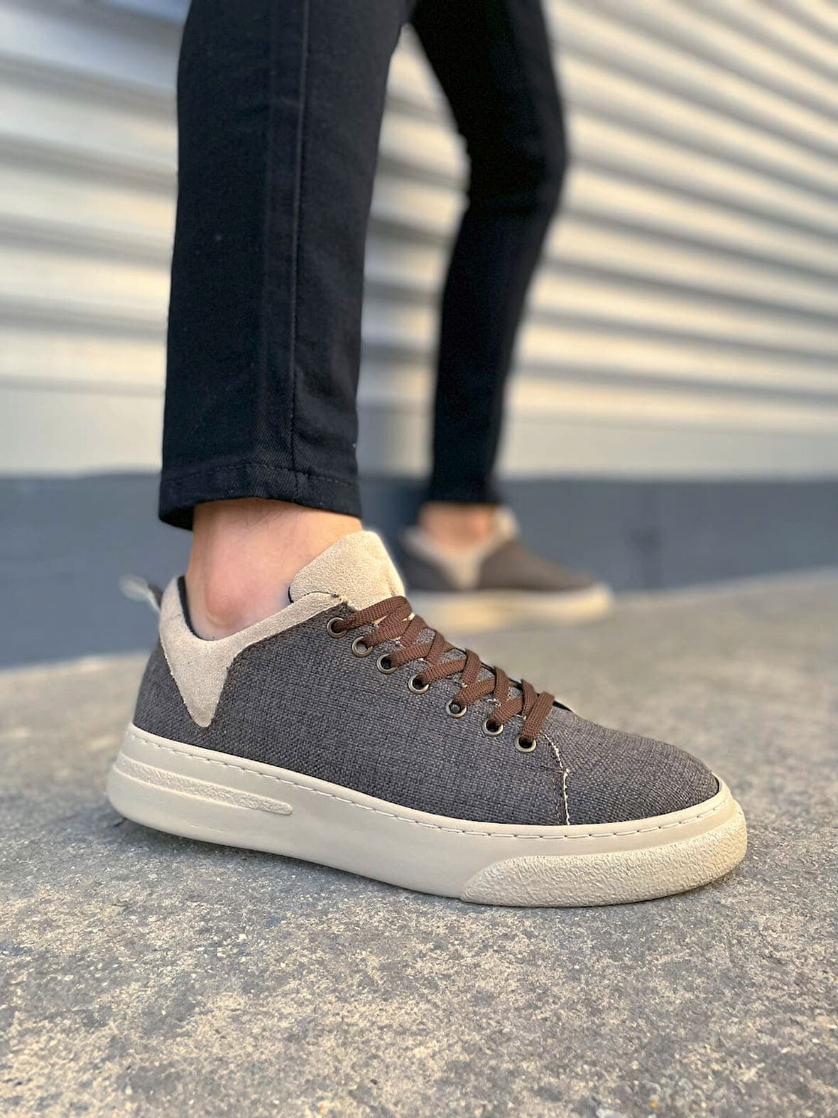 JY204 Flex Bağcıklı Keten Kumaş Erkek Günlük Sneaker Ayakkabı KKT - Kahverengi/Krem
