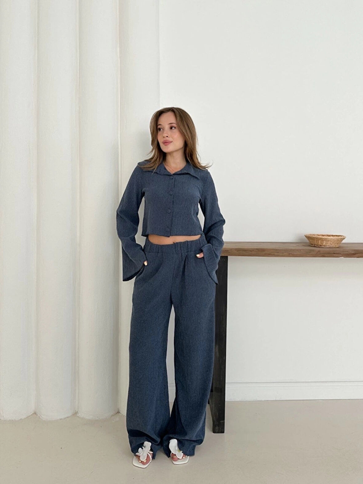 Gömlek yaka kaplama düğmeli takım lacivert st265866