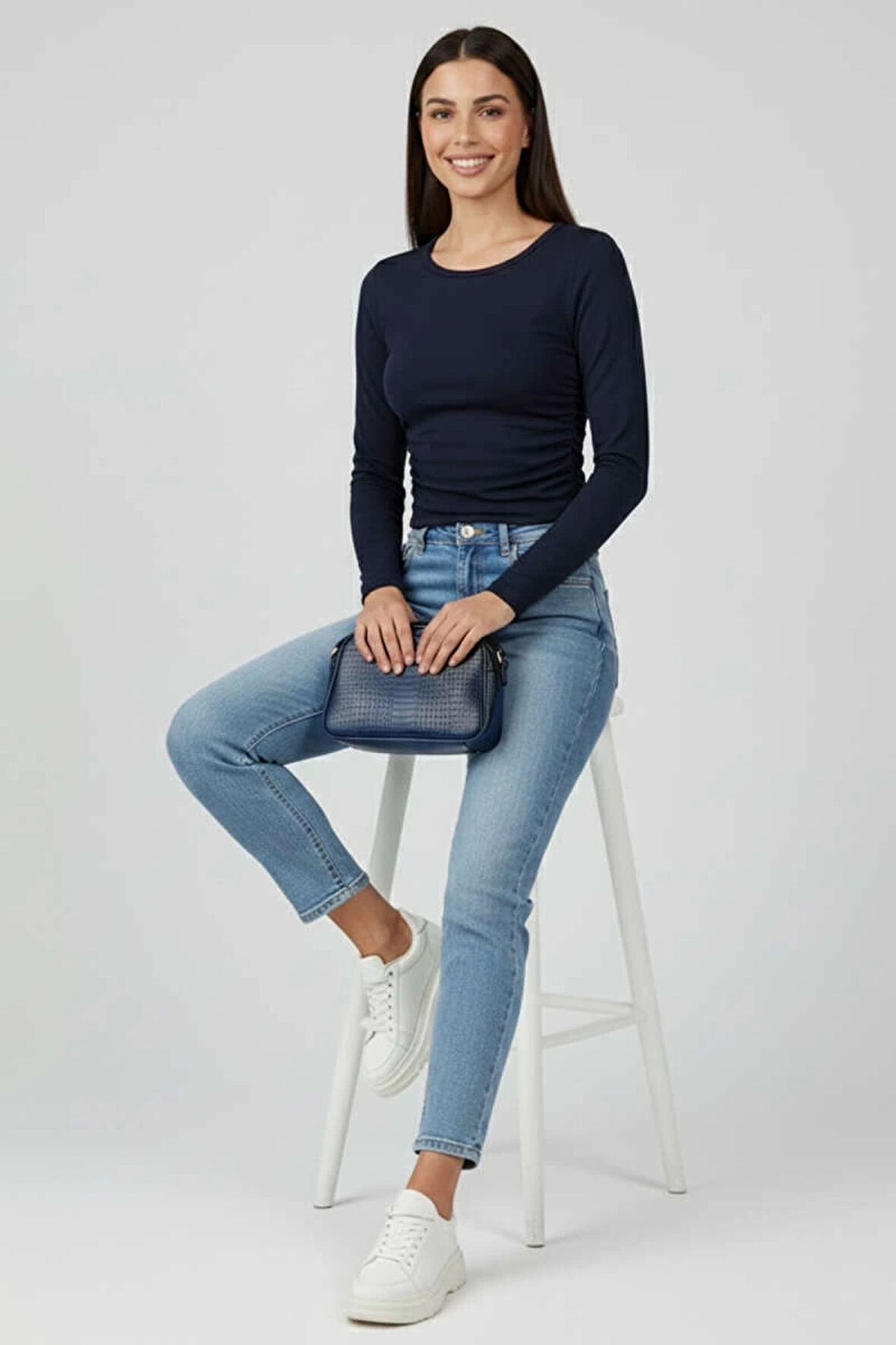 Yanı Büzgülü bluz Lacivert T4322