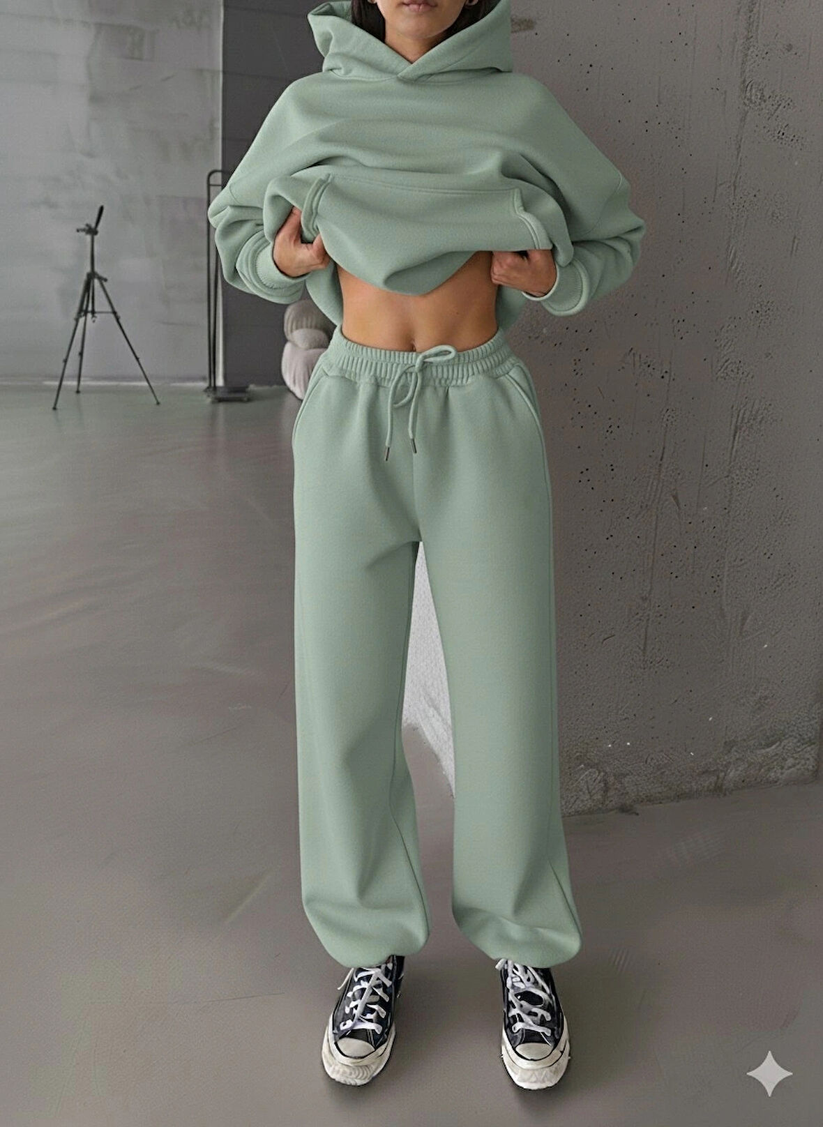 3 iplik şardonlu Lastik paça eşofman mint p510439