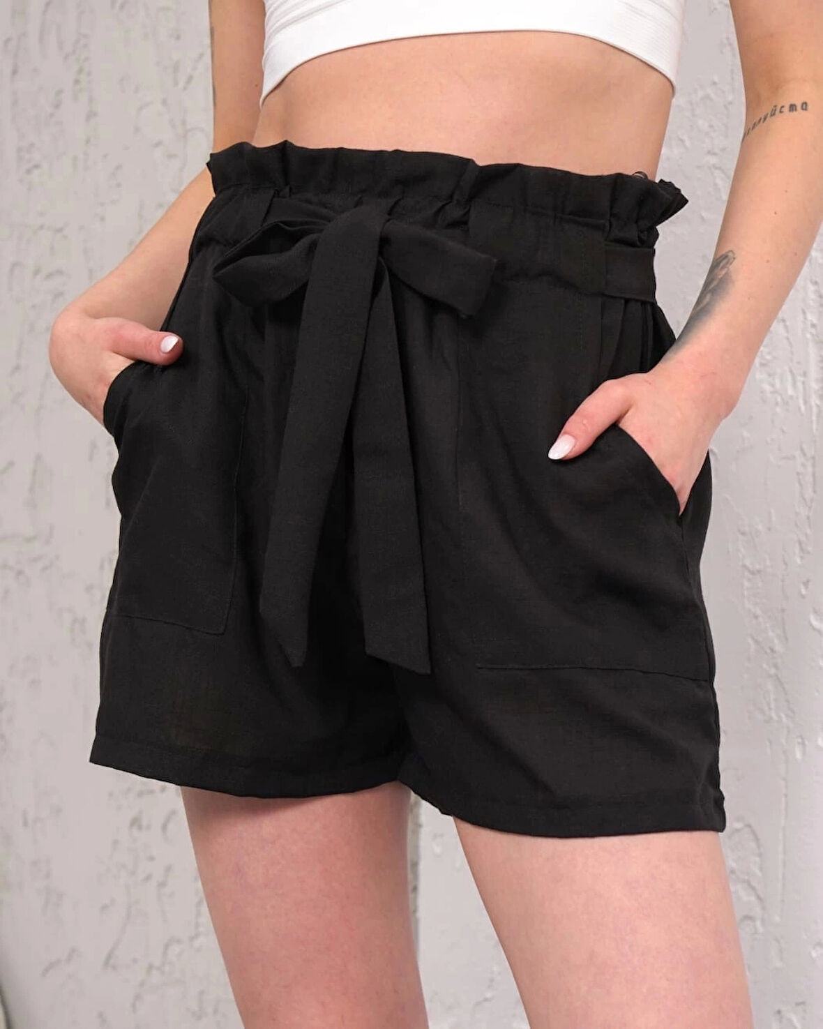 Kuşaklı keten şort siyah s255265