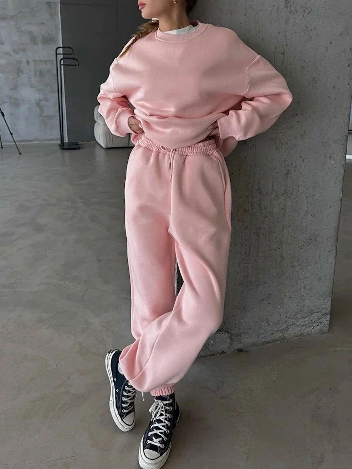 3 iplik şardonlu Lastik paça eşofman pembe p510439