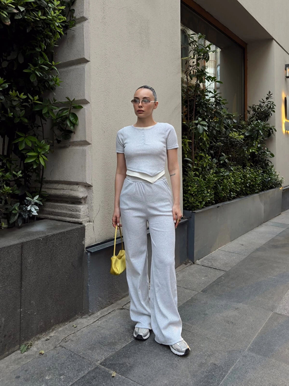 Düğme yakalı gri alt üst takım s3943