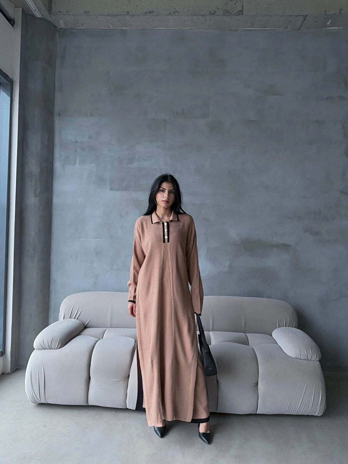 Pantolon yırtmaçlı elbise ikili triko takım vizon elf