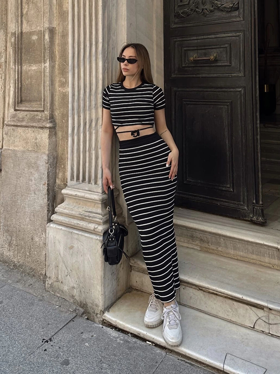 Çizgili etekli takım siyah s3609