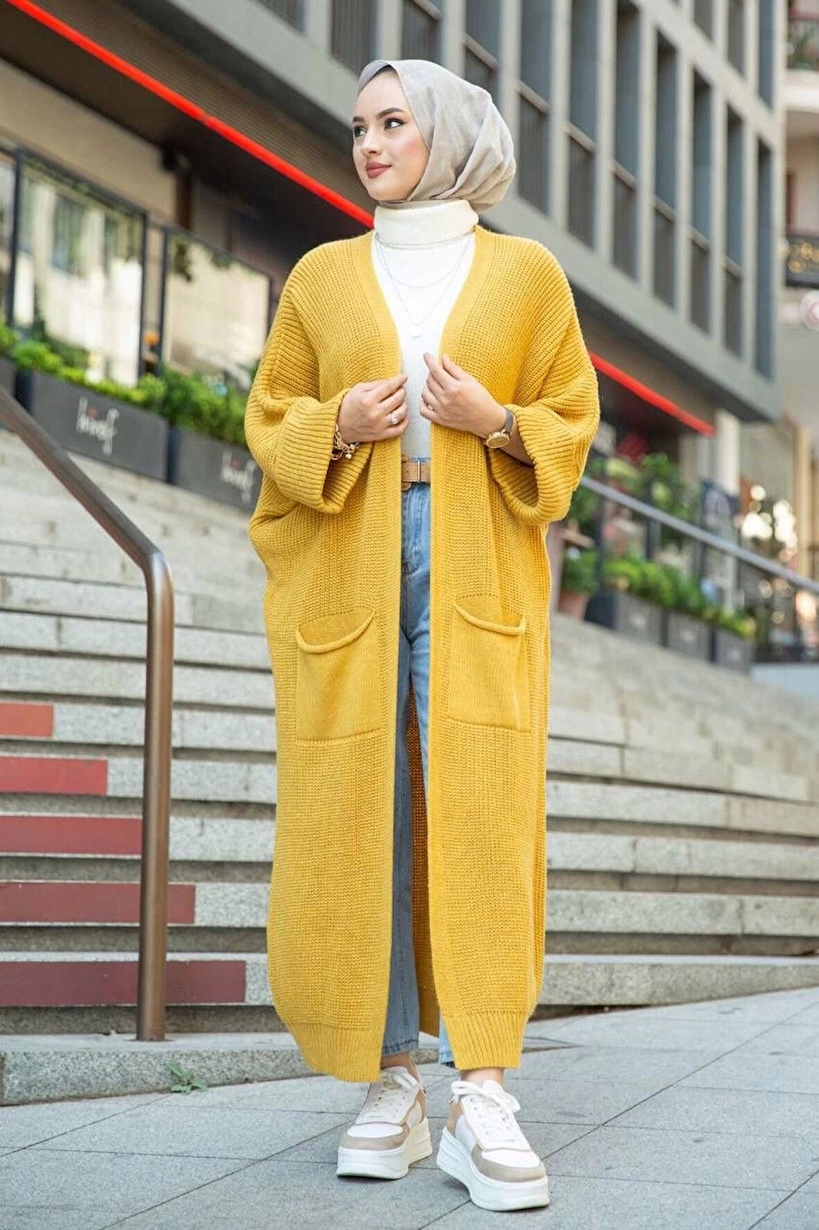 Yarasa kol uzun triko hırka hardal