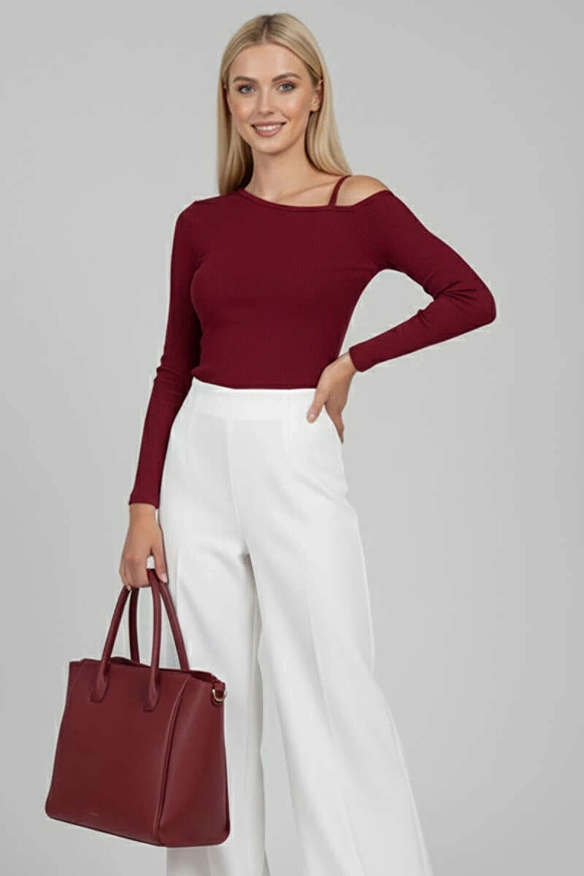 Tek Omuz İpli Bluz Bordo t4328