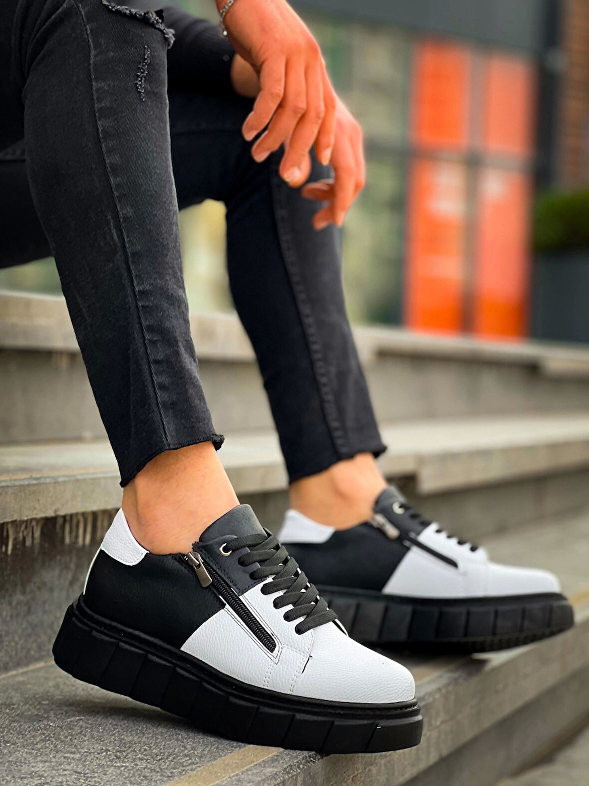 KB-X155 Kuback Beyaz Cilt Siyah Cilt Detaylı Siyah Yüksek Taban Günlük Spor Ayakkabı