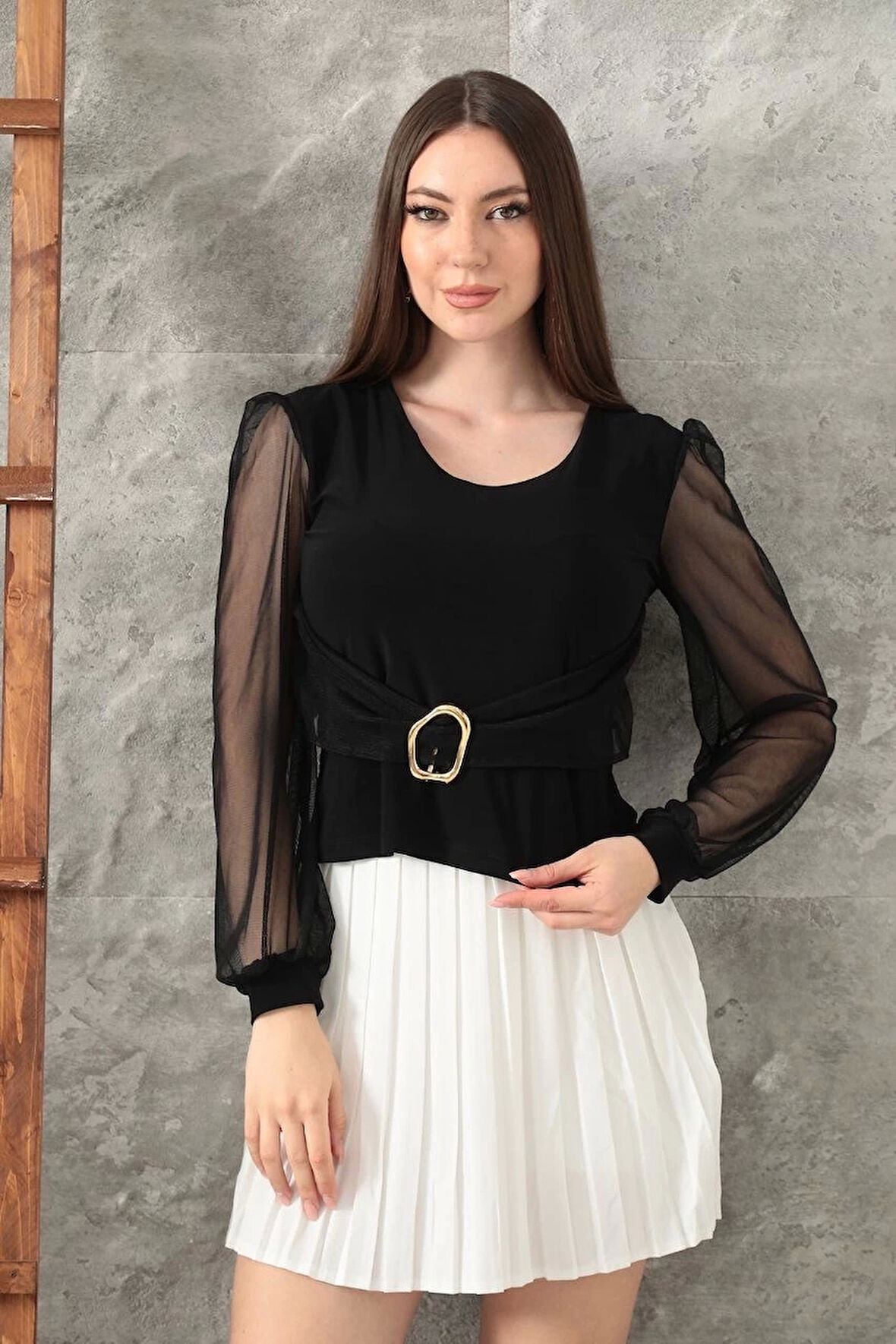 Tokalı tül kollu bluz siyah t4071
