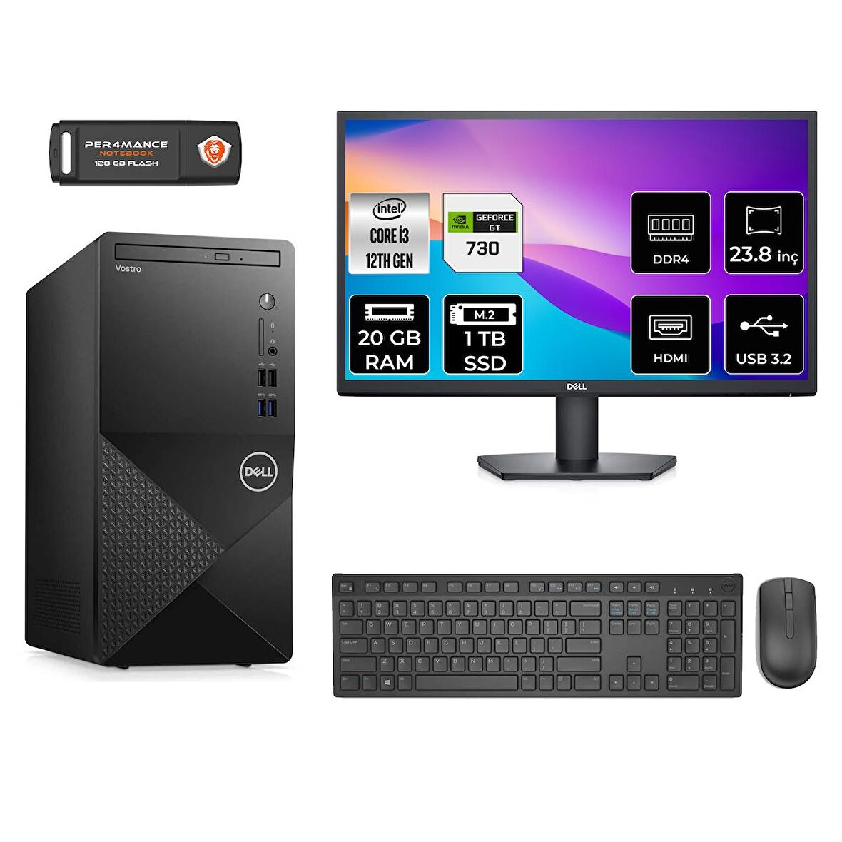 Dell Vostro 3910MT i3 12100 20GB 1TB SSD GT730/4GB FDOS N3563VDT3910 MASAÜSTÜ PC & 23.8" MONİTÖR
