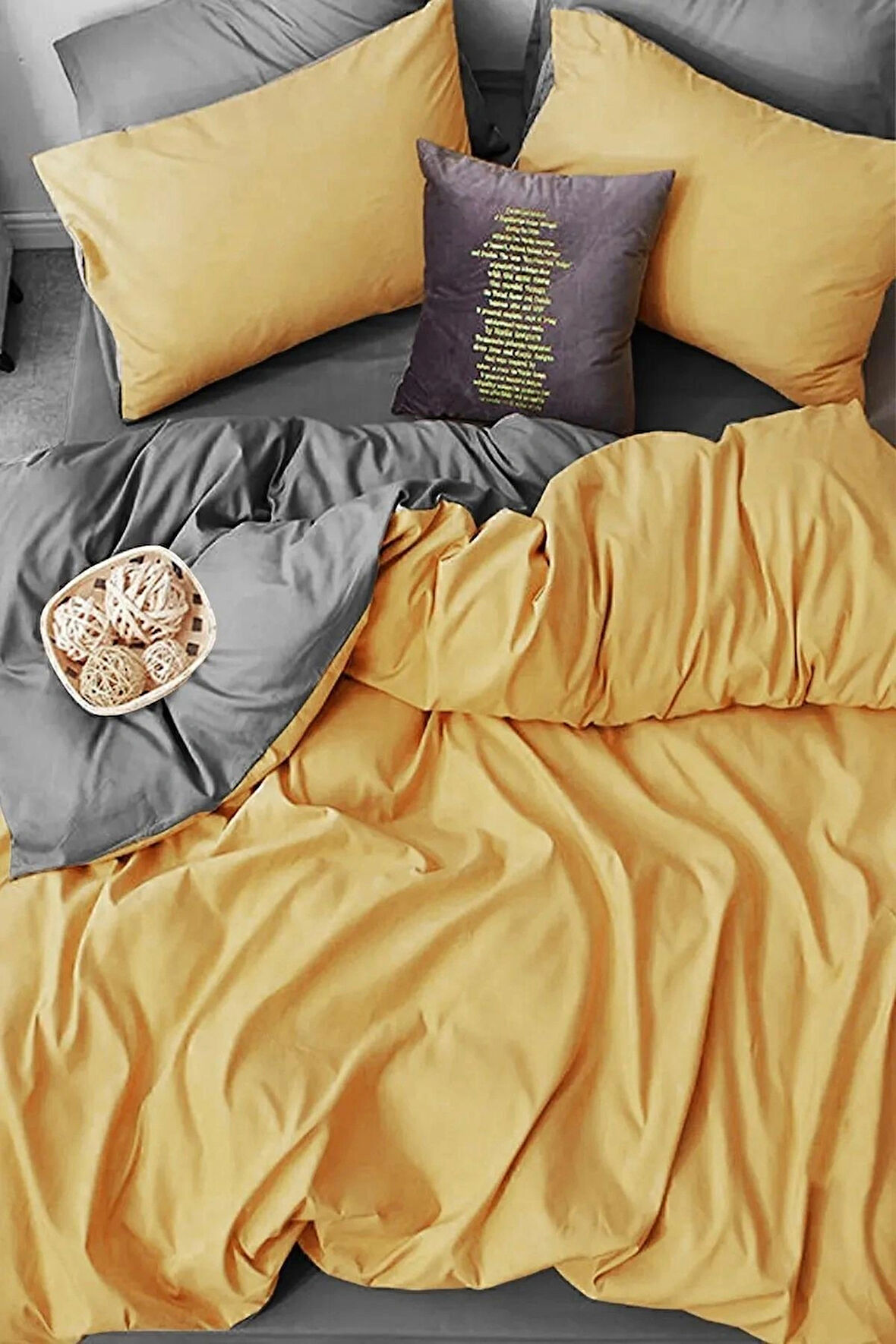 More Home  Çift Kişilik Nevresim Seti + Yastık Kılıfı Antrazit Sarı
