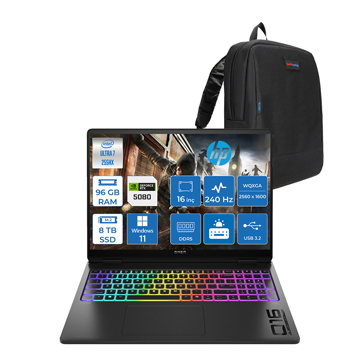 Hp Omen Max 16-AH0014NT Intel Core Ultra 7 255HX 96GB Ddr5 4tb SSD + 4tb SSD 16GB Nvıdıa RTX5080 16 Inç 2k Wqxga 240Hz 3ms IPS Windows 11 Pro Siyah OB8SQ9EAP24 + Zetta Çanta