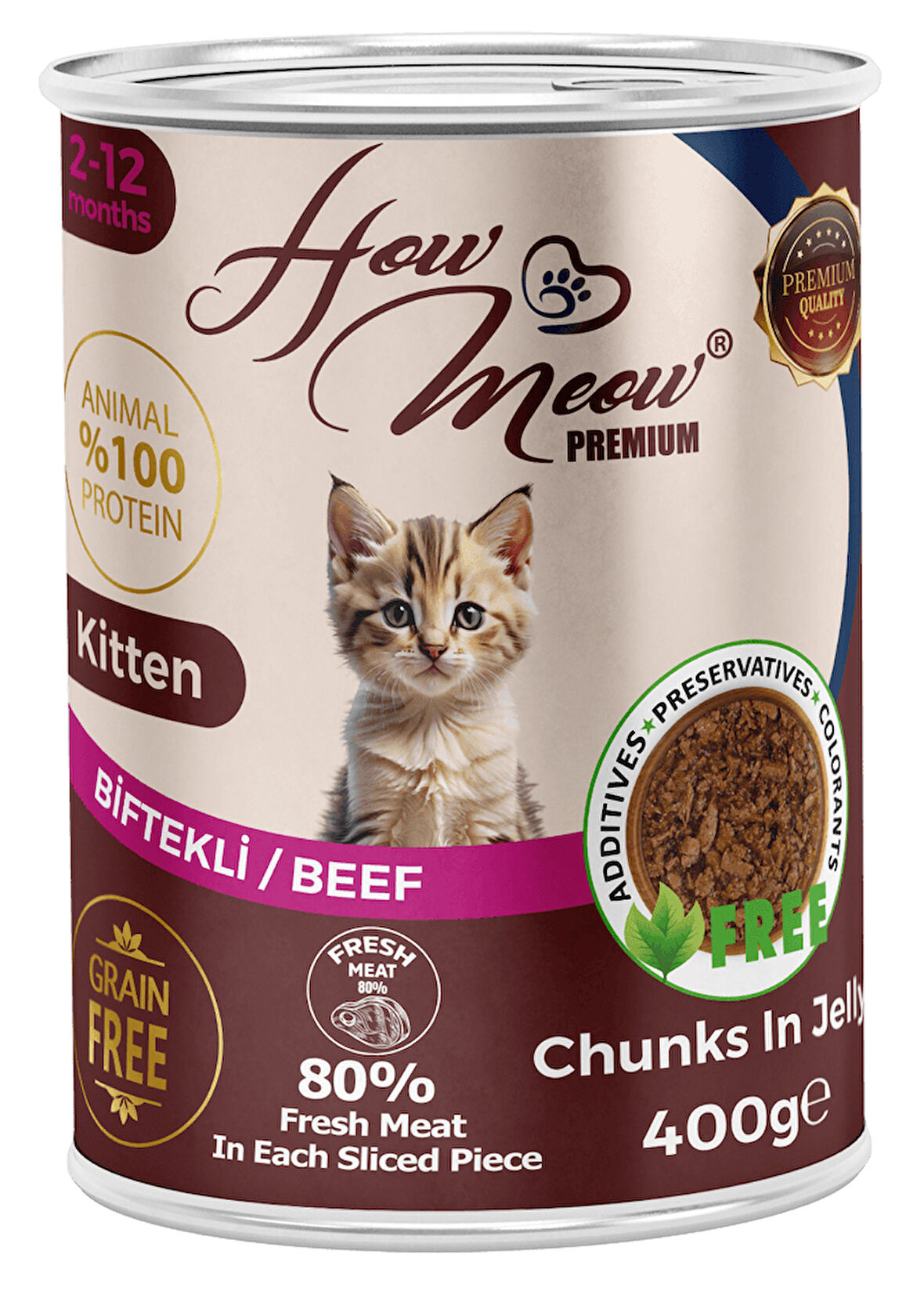 HOW MEOW 12 ADET JÖLELİ PARÇA ETLİ YAVRU KEDİ YAŞ MAMASI BİFTEKLİ 400 GRAM