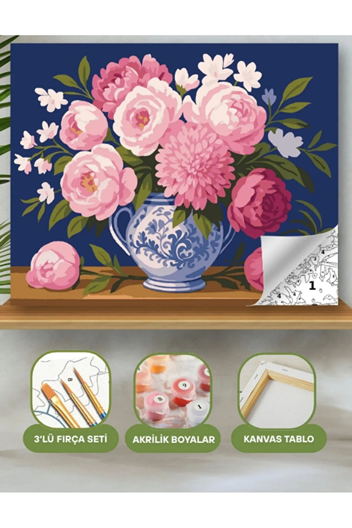 Sayılarla Boyama Seti 40x50 Cm (Çıtalı) Fırça Boya Dahil Numaralı Tuval Çini Vazo Çiçekler