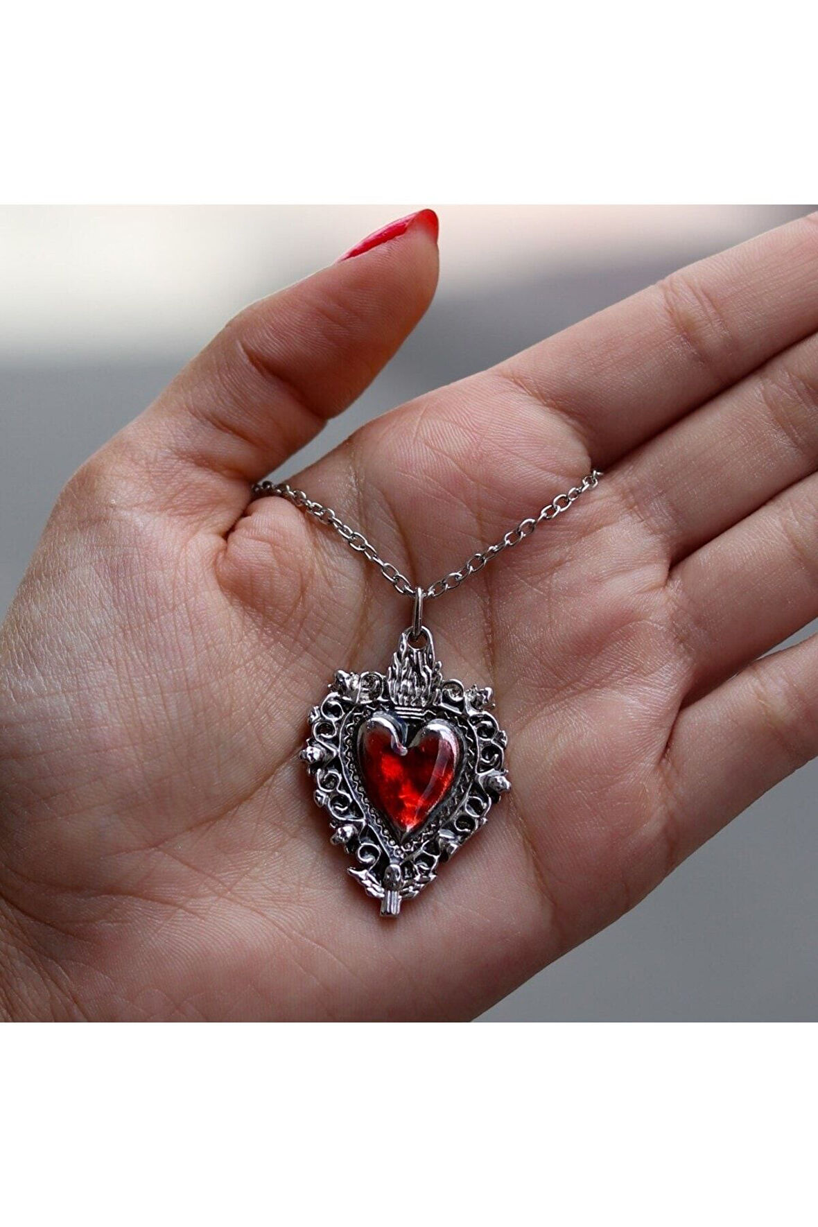 Kırmızı Vintage Heart Talisman Kolye Aksesuar Şık Takı Hediyelik Moda