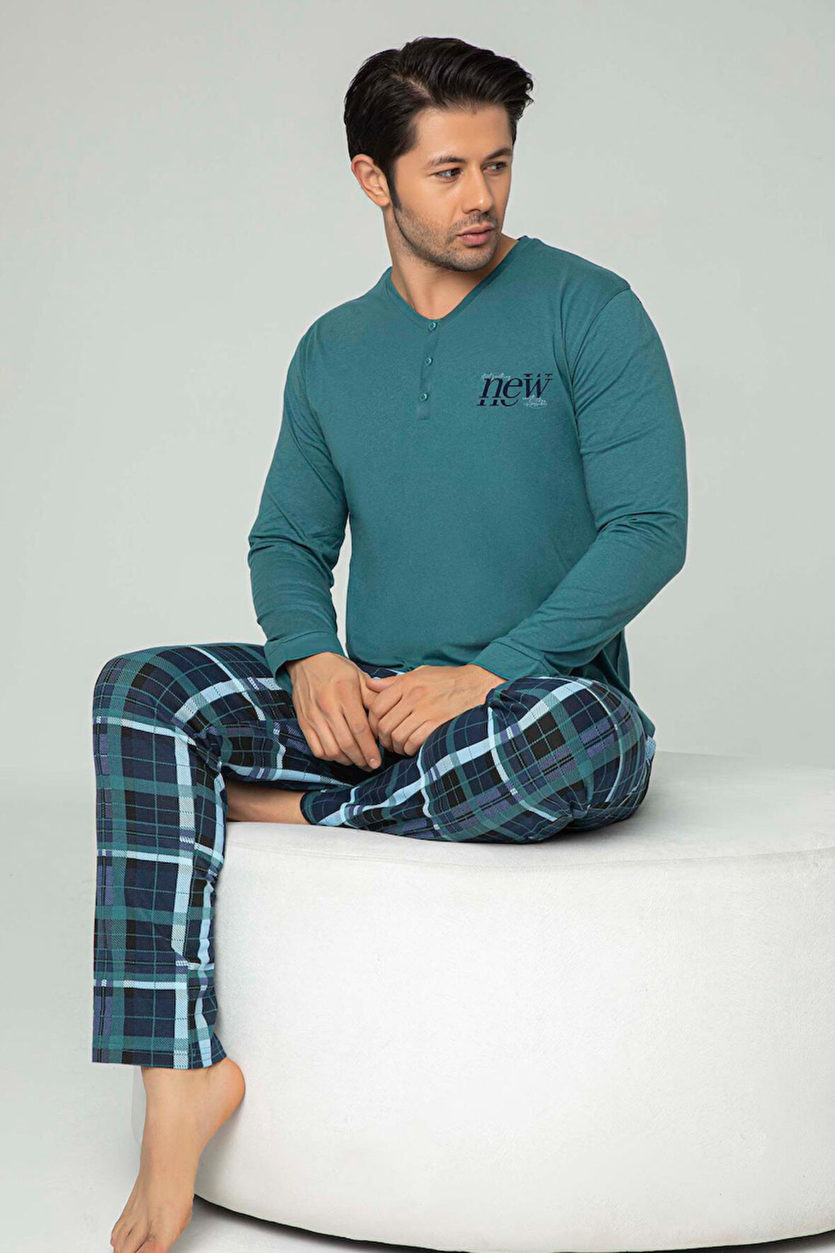 Aydoğan Erkek Tuna Koton Patlı Düğmeli Çam Yeşili Pijama Takımı 0450