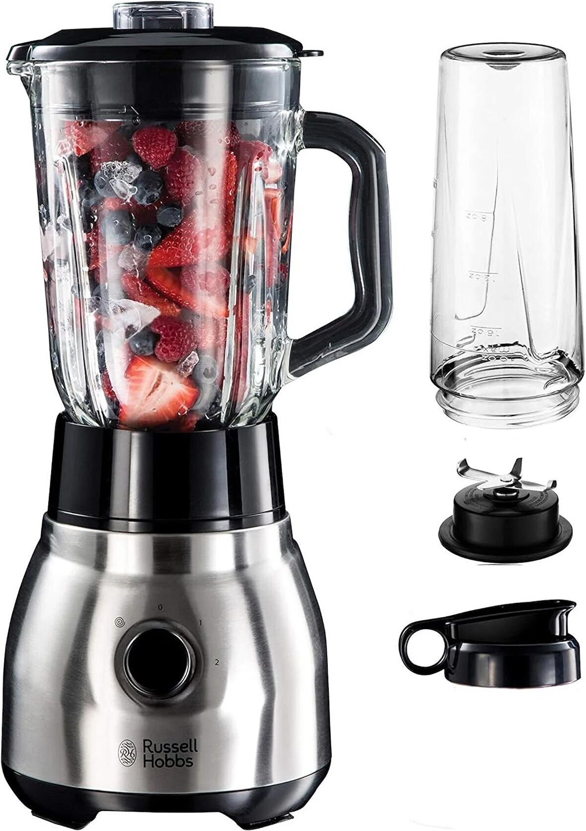 Russell Hobbs Cam Steel 2'si 1 arada blender taşınabilir bardak ve kapak dahil 1,5 l cam kap mikser 0,8 PS motor darbe buz kırma fonksiyonu mini Smoothie makinesi