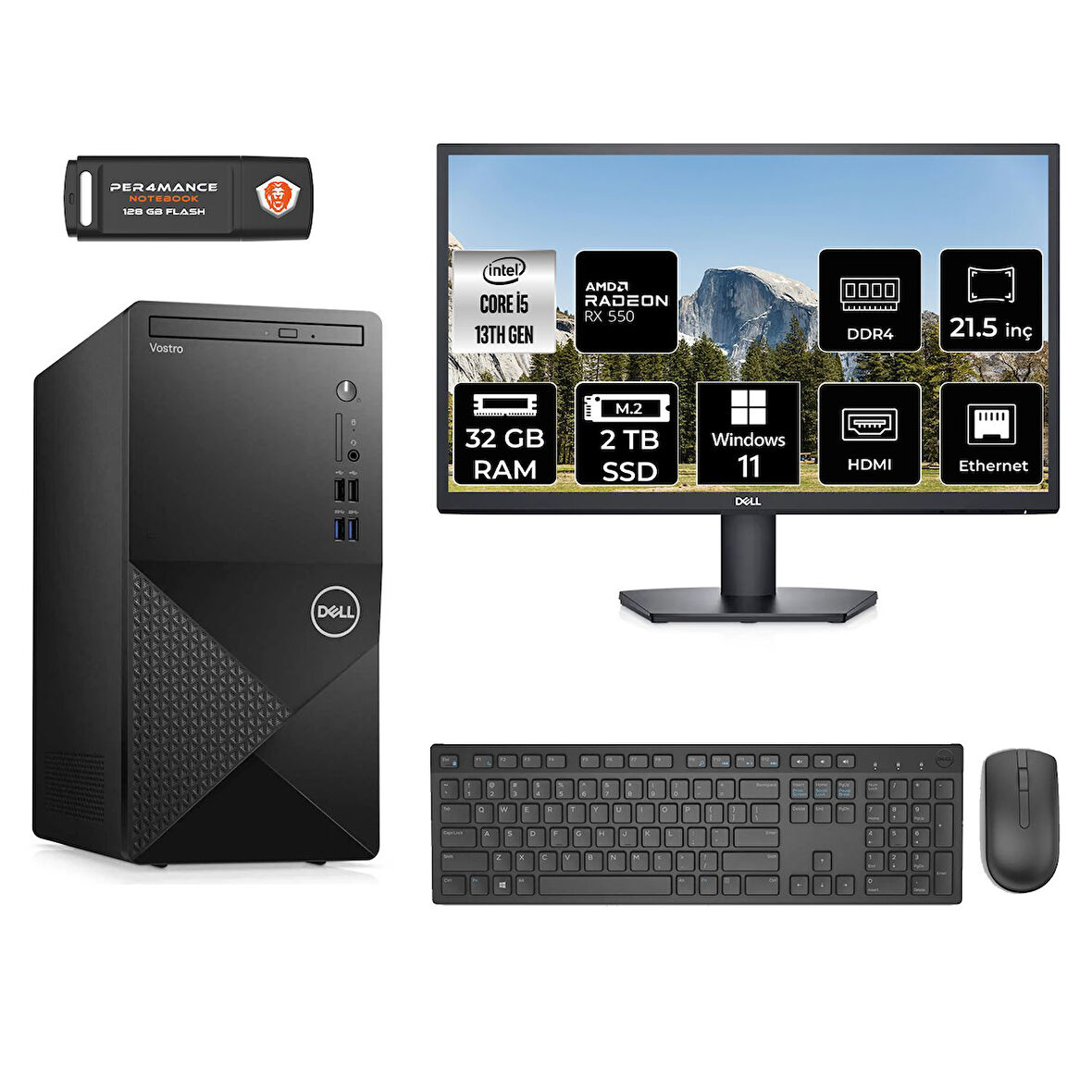 DELL VOSTRO 3020 MN4603020D279 i5 13400 32GB RAM 2TB SSD RX550 4GB 21.5" W11P MASAÜSTÜ PC