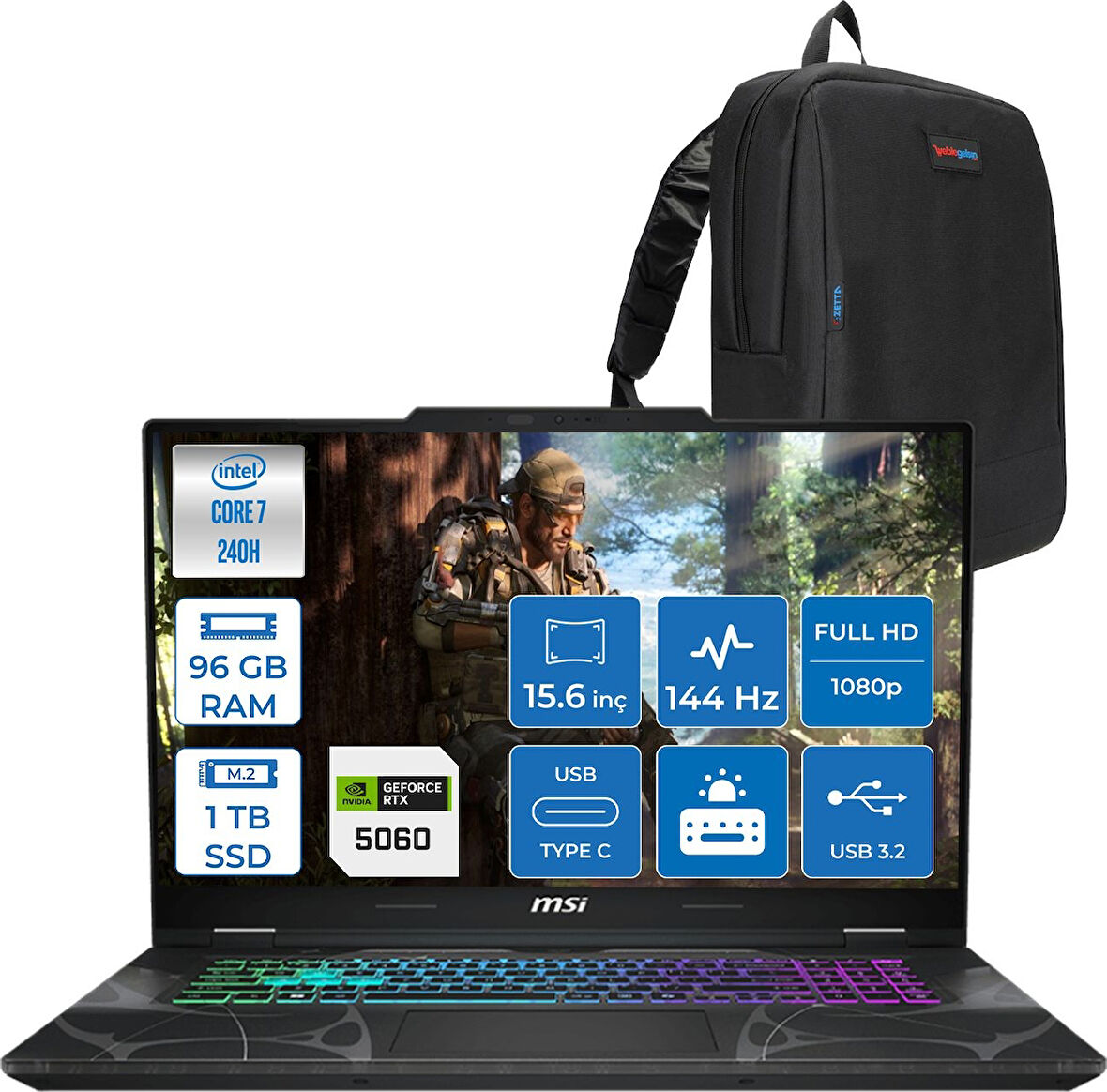 Msı Cyborg 15 Intel Core 7 240H 96GB Ddr5 1tb SSD RTX5060 Gddr7 8gb Freedos 15.6" Fhd (1920X1080) 144HZ Taşınabilir Bilgisayar B2RWFKG208XTRF38 + Zetta Çanta