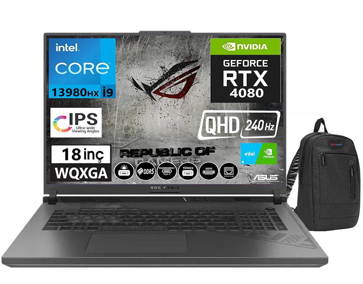 Asus Rog Strıx G18 G814JZ-N6023 İntel İ9-13980HX 64gb DDR5 Ram 1tb SSD 12GB RTX4080 175W 18 İnç 240Hz QHD WQXGA Windows11Home Taşınabilir Bilgisayar N602317+Weblegelsinçanta