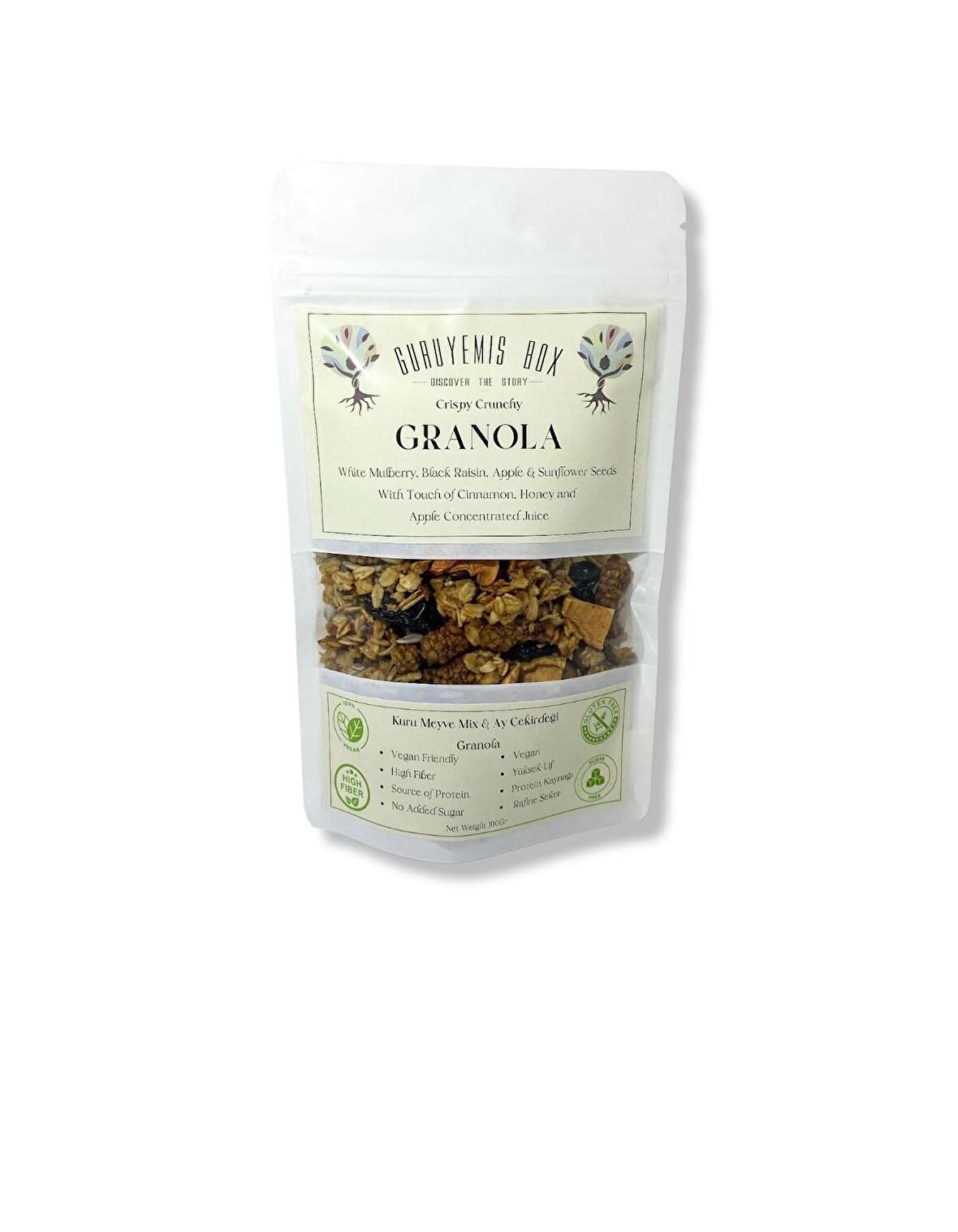 GRANOLA KAHVALTILIK GEVREK KURU MEYVELİ AY ÇEKİRDEKLİ DUT ÜZÜM ELMA VE BAL TARÇIN GLUTENSİZ 100GR