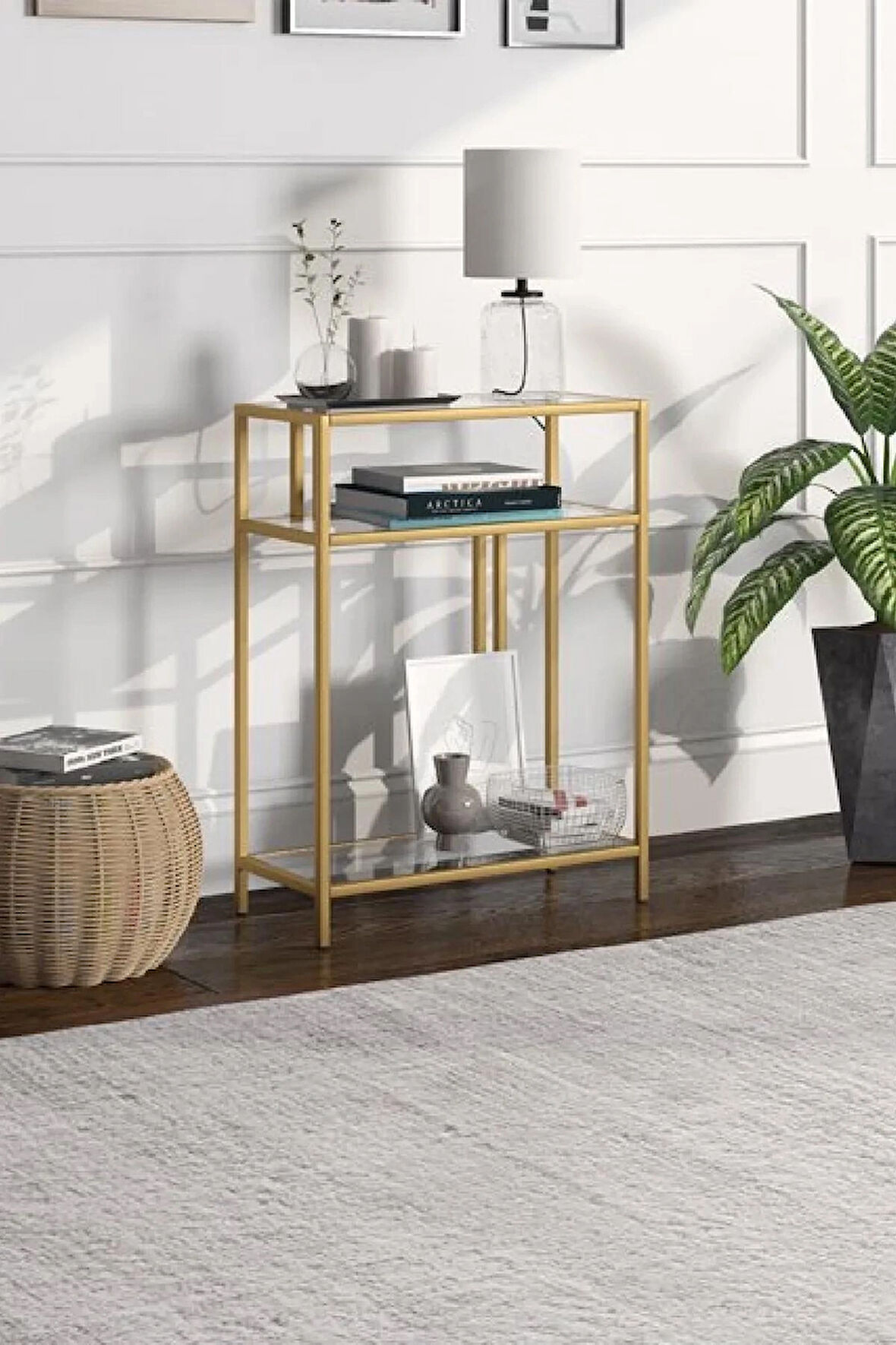 Gold Renk Temper Camlı Dresuar Konsol Komodin Çiçeklik Saksılık