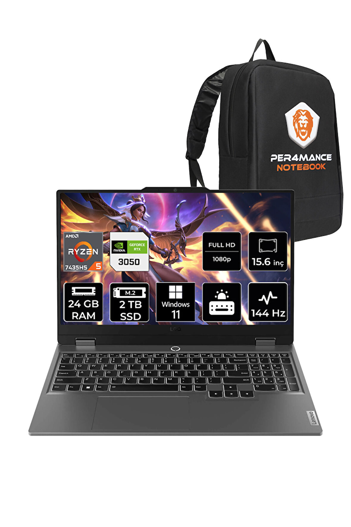 Lenovo LOQ R5 7235HS 24GB 2TB SSD RTX3050/6GB 95W 144Hz FHD 15.6" W11P Gaming Laptop & PER4 ÇANTA