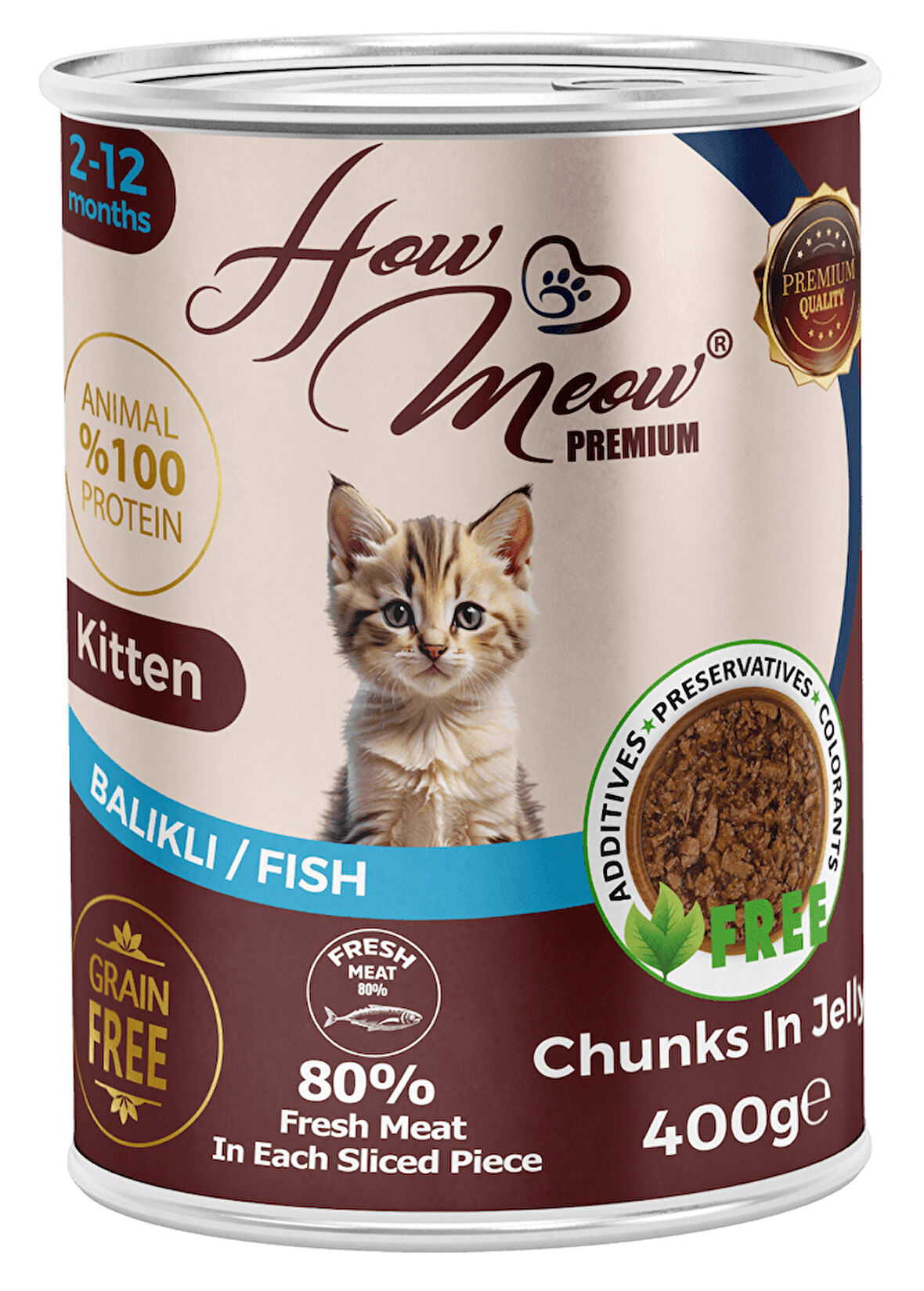 HOW MEOW 12 ADET JÖLELİ PARÇA ETLİ YAVRU KEDİ YAŞ MAMASI BALIKLI 400 GRAM