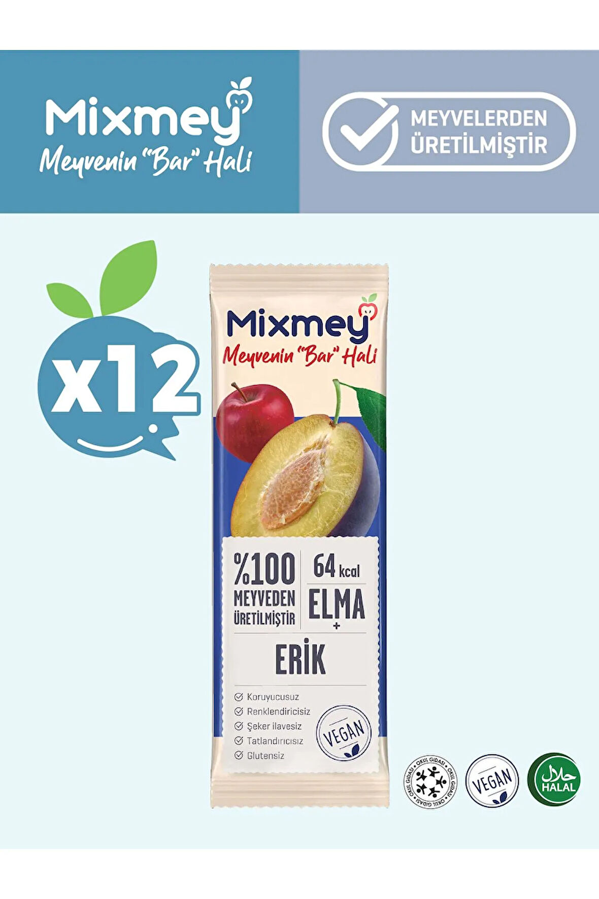 Mixmey Erik Meyve Bar 12 Adet | Vegan, Glutensiz Sağlıklı Atıştırmalık - 20gr X 12 Adet