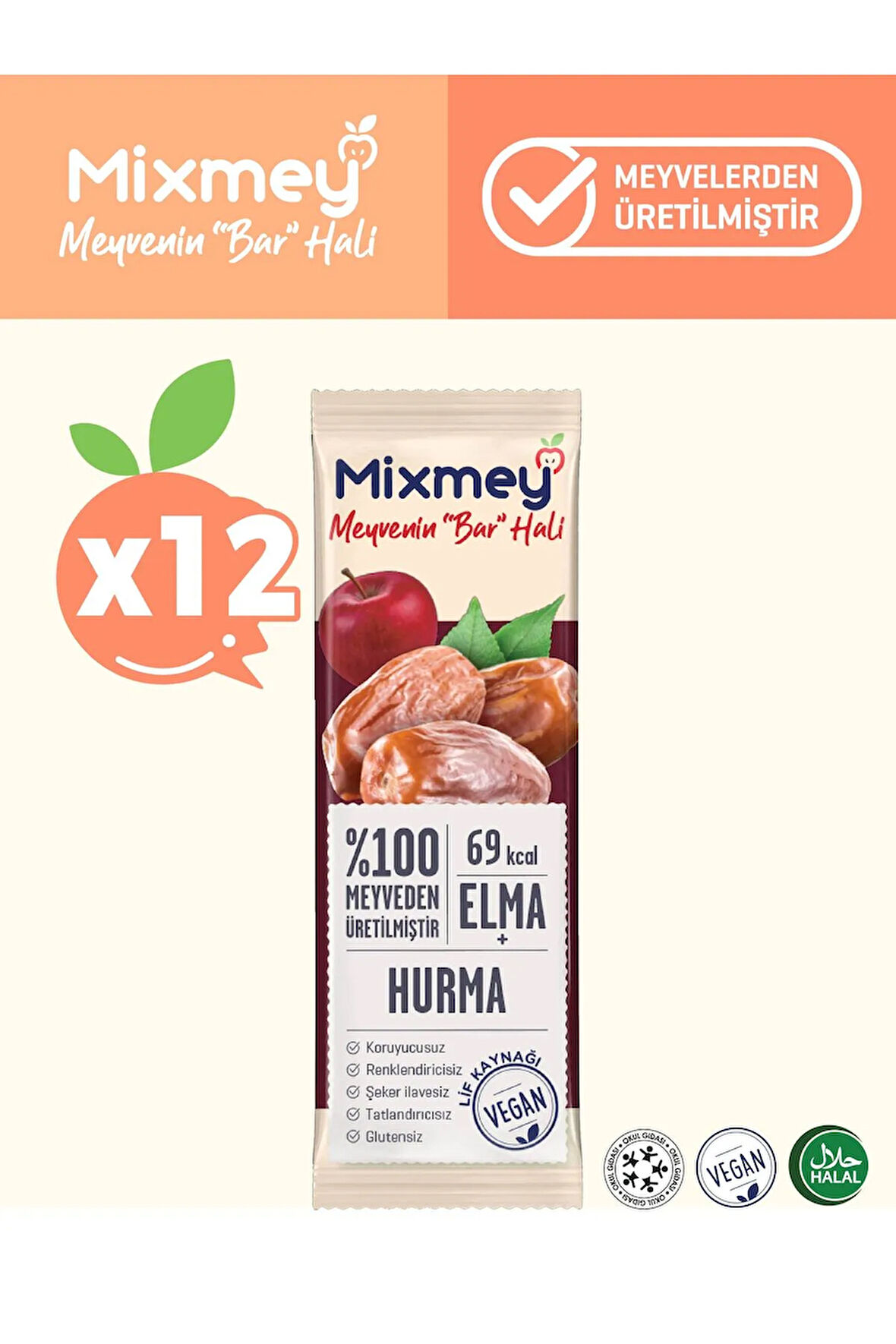 Mixmey Hurma Meyve Bar 12 Adet | Vegan, Glutensiz Sağlıklı Atıştırmalık - 20gr X 12 Adet