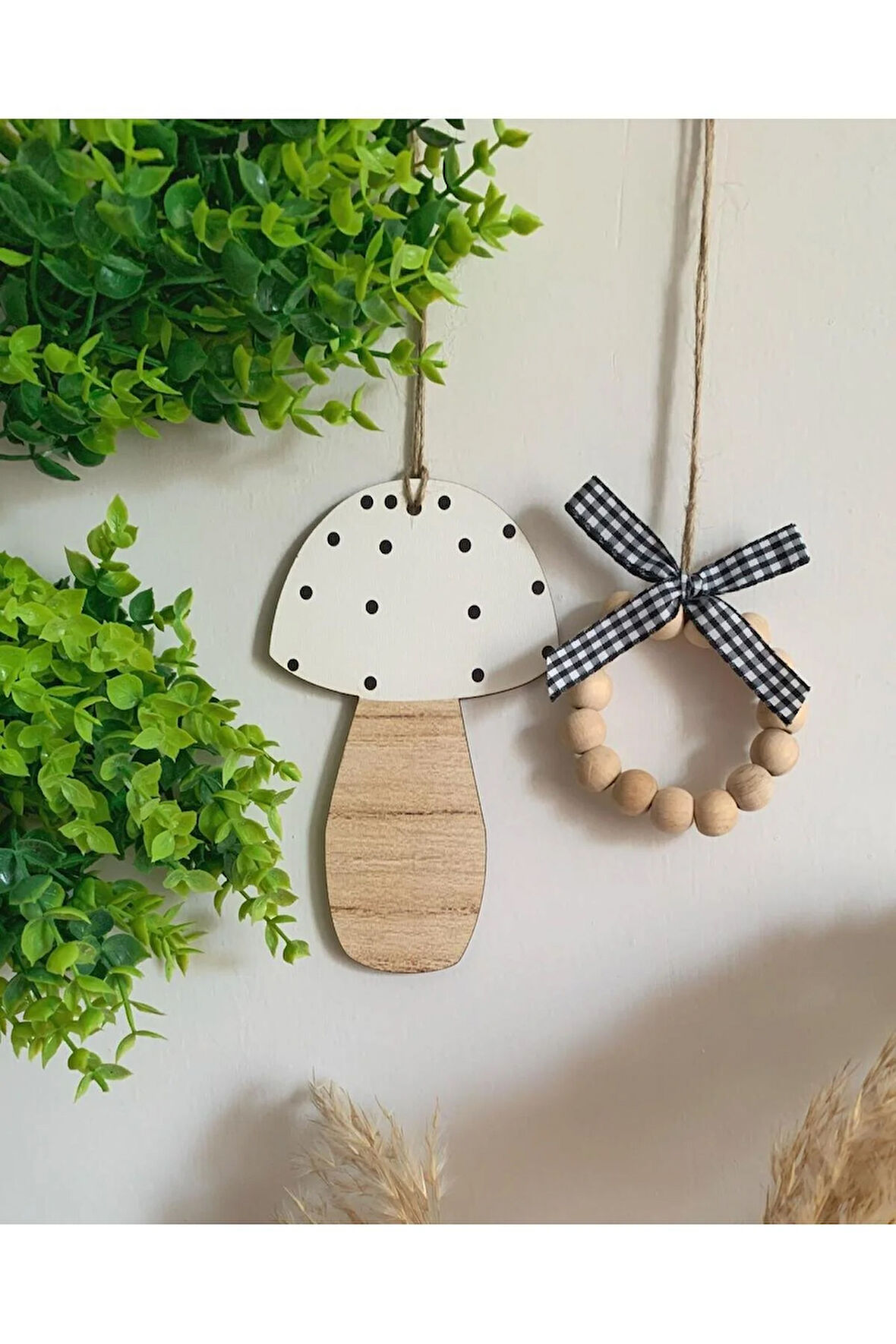 Beyaz Ahşap Mantar  Mutfak Bebek Çocuk Odası Balkon Dekoratif Askılı İskandinav Süs 2'li Set