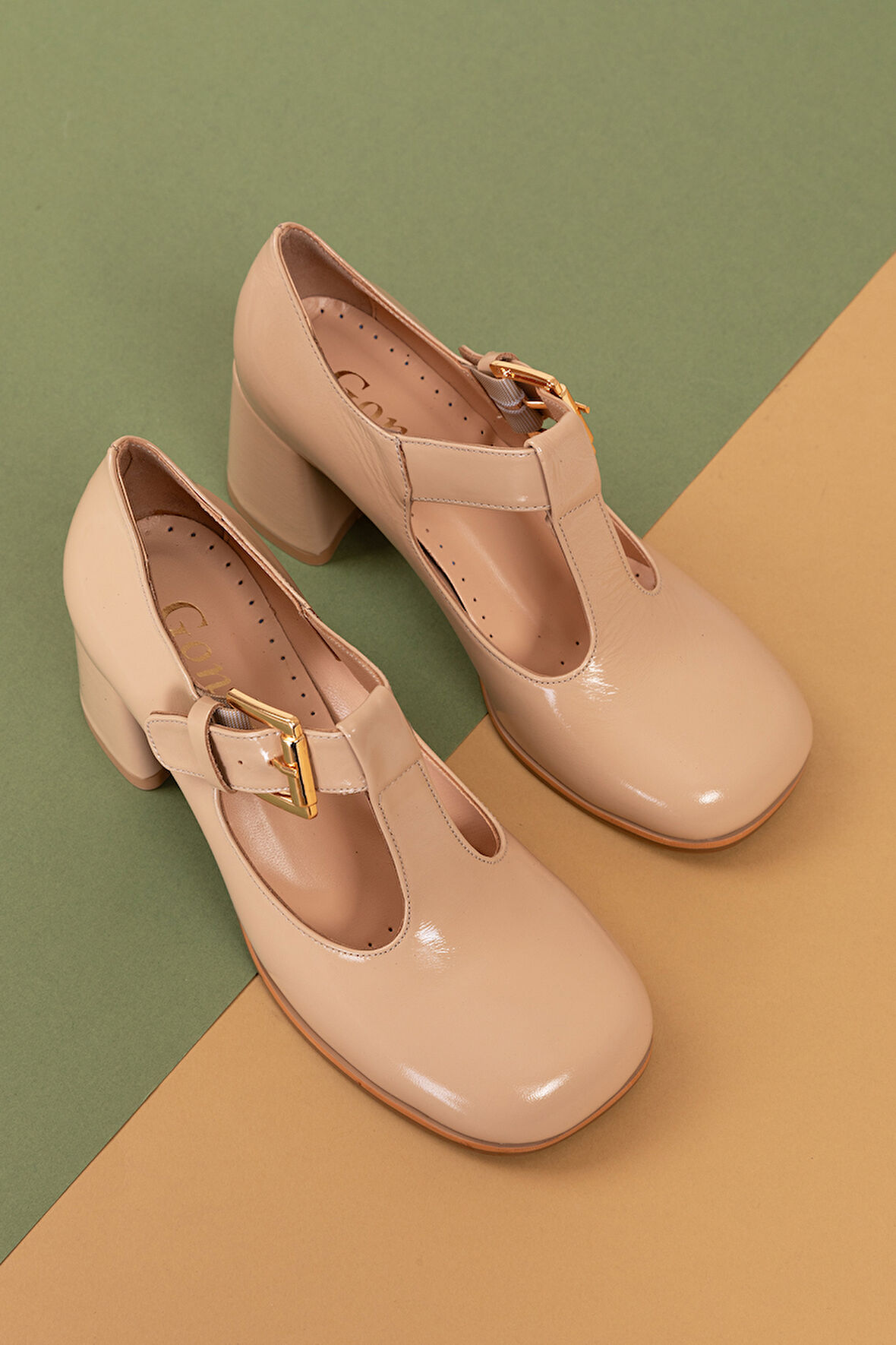 Gondol Kadın Hakiki Deri Yuvarlak Küt Burun Şık Topuklu Ayakkabı mnz.24524 - Bej Rugan - 40