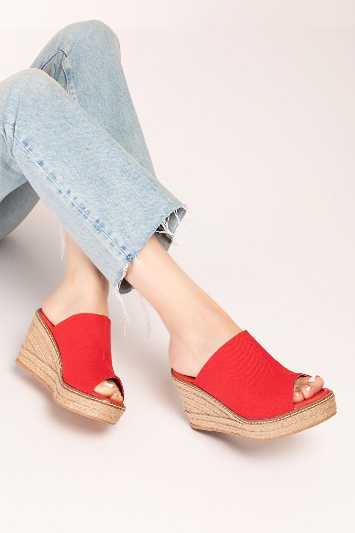Gondol Kadın İçi Hakiki Deri Keten Dolgu Topuk Platform Sandalet ell.6948 - kırmızı - 35