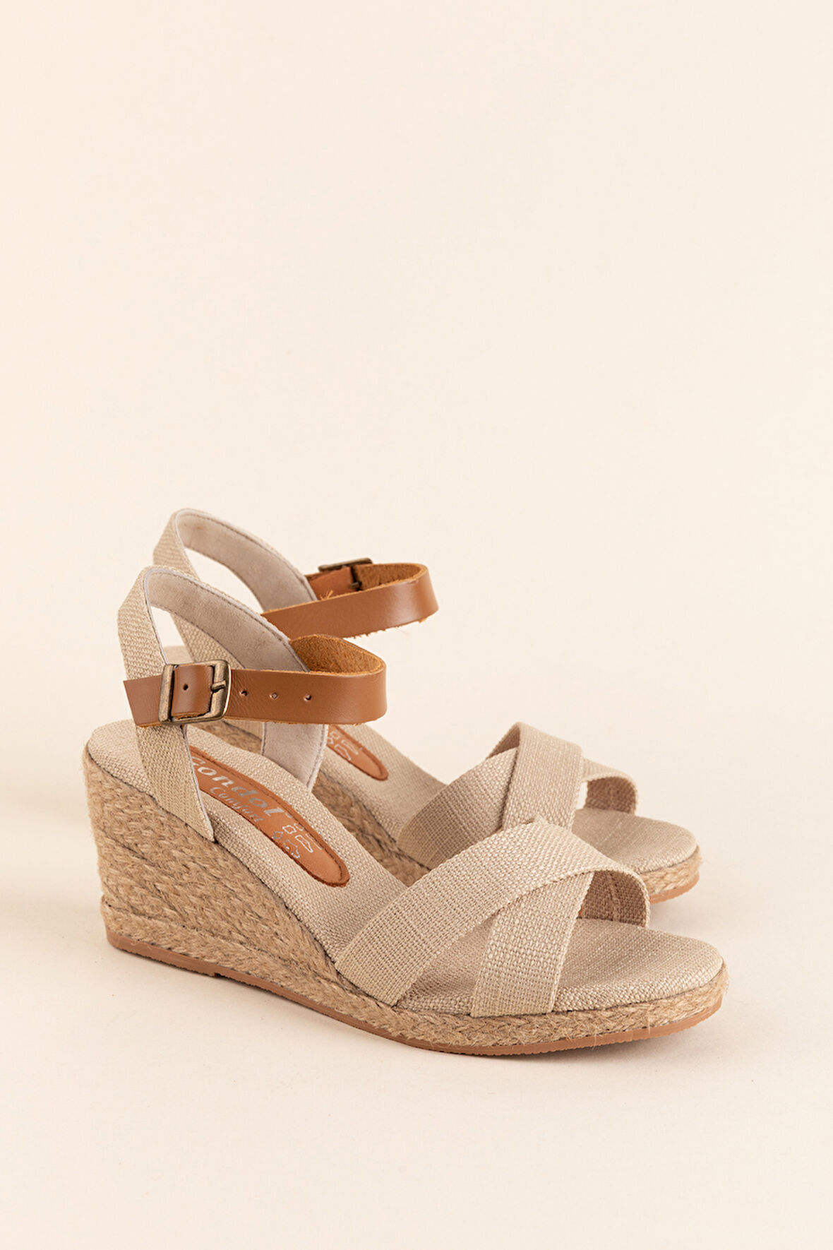 Gondol Kadın Keten Kumaş Dolgu Topuk Hasır Taban Platform Sandalet ell.7132 - Bej - 36