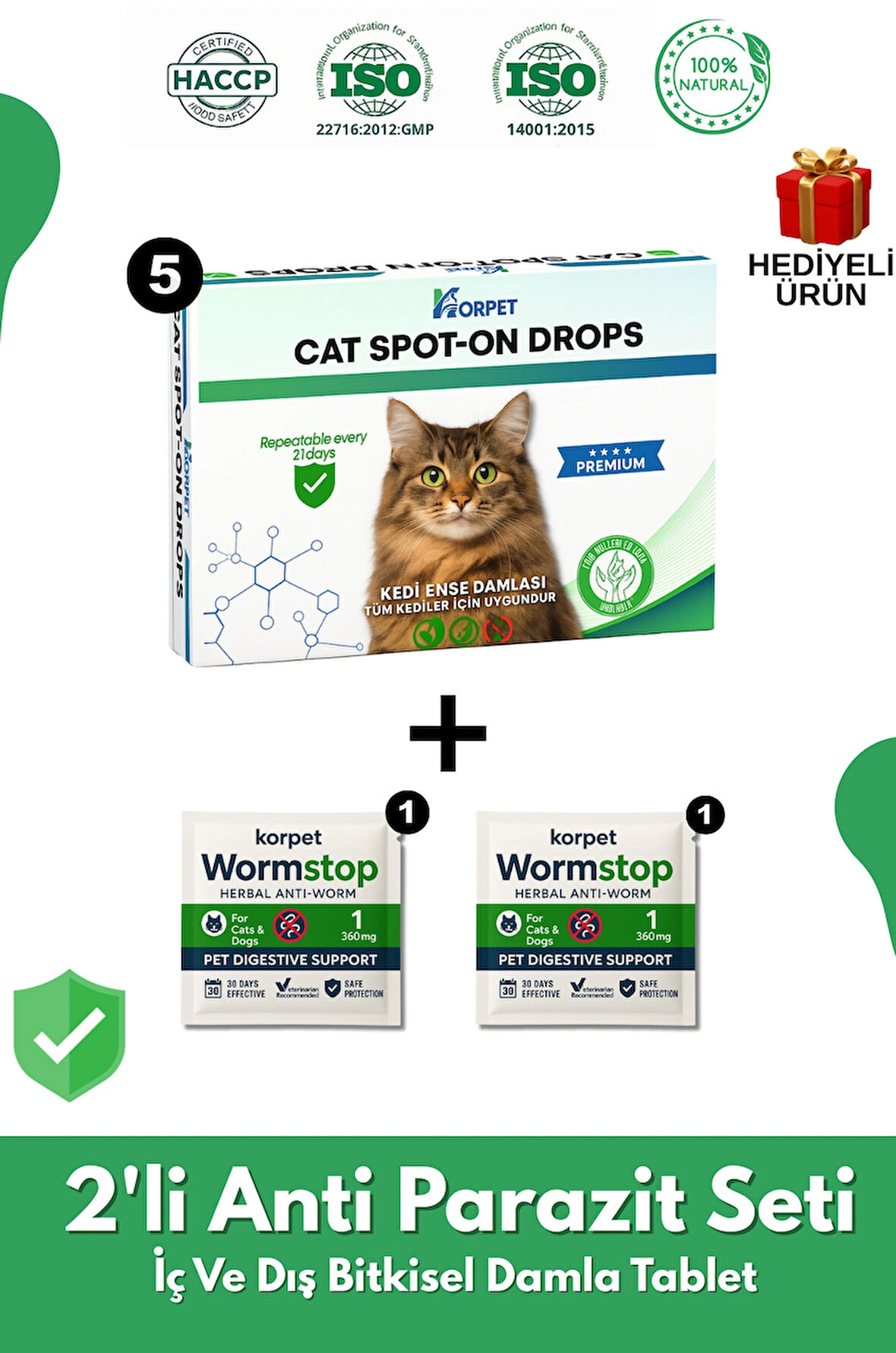 2'li Set Kedi Iç Dış Kediler Için Bitkisel 5 Damla Ve 2 Tablet Paketi