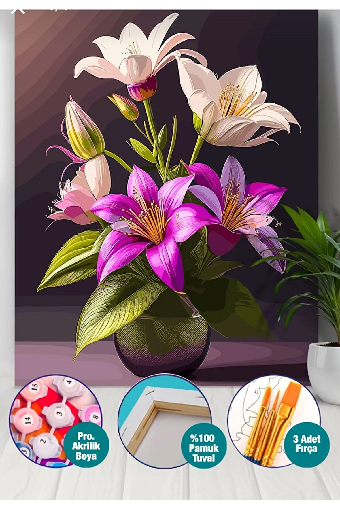 Sayılarla Boyama Seti 40x50 Cm (Çıtalı) Fırça Boya Dahil Numaralı Tuval Yeşil Vazo Laleler