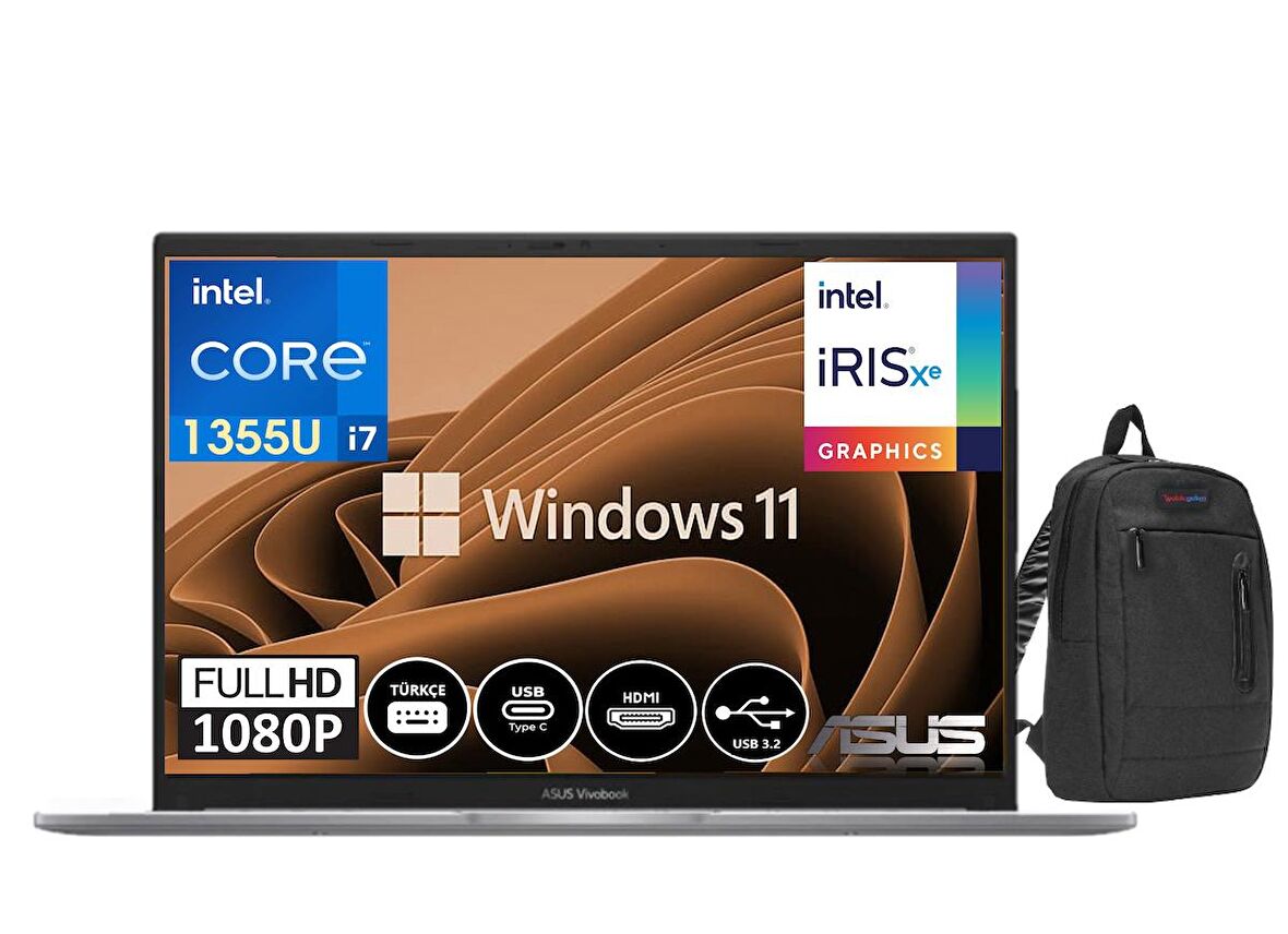 Asus Vivobook 15 13.Nesil Core i7 1355U 8GB 256GB SSD 15.6" Windows11Home FHD Dizüstü Bilgisayar X1504VA-NJ19417+WeblegelsinÇanta