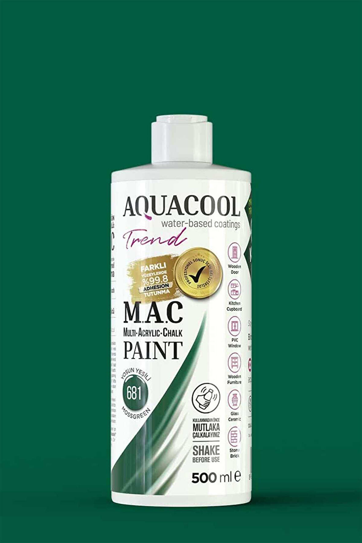 Aquacool Trend M.A.C Su Bazlı Akrilik Dönüşüm Boyası 500 ml. Yosun Yeşili 681