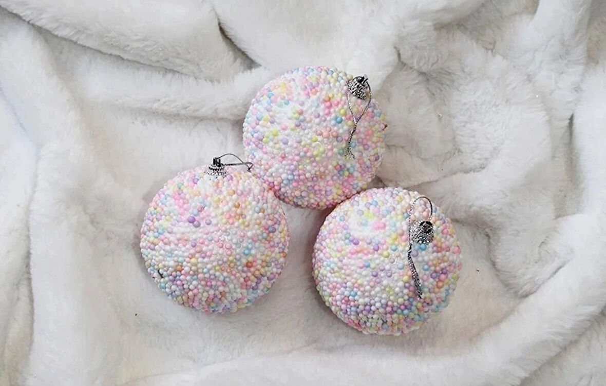 Pastel Renkli Köpük Boncuklu Noel Ağacı Süsü, El Yapımı Dekoratif Yılbaşı Topları, 3'lü Set 8 cm