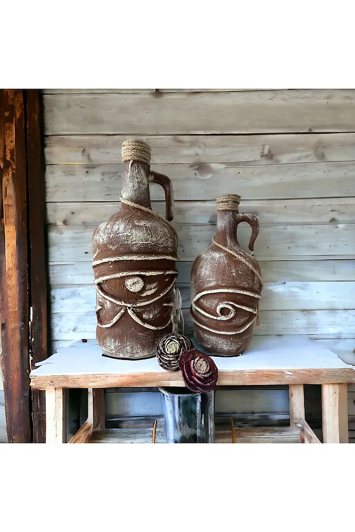 Horus'un Gözü Özel Pigment Boyalı Terakota Dekoratif Damacana Şişeler 2'li Set