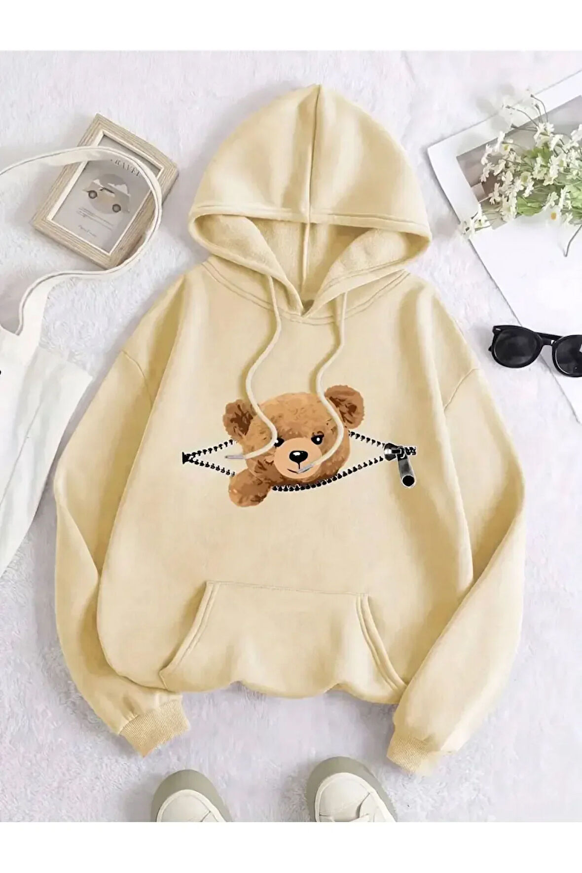 Fermuar Desenli Kedili Kapüşonlu Oversize Sweatshirt