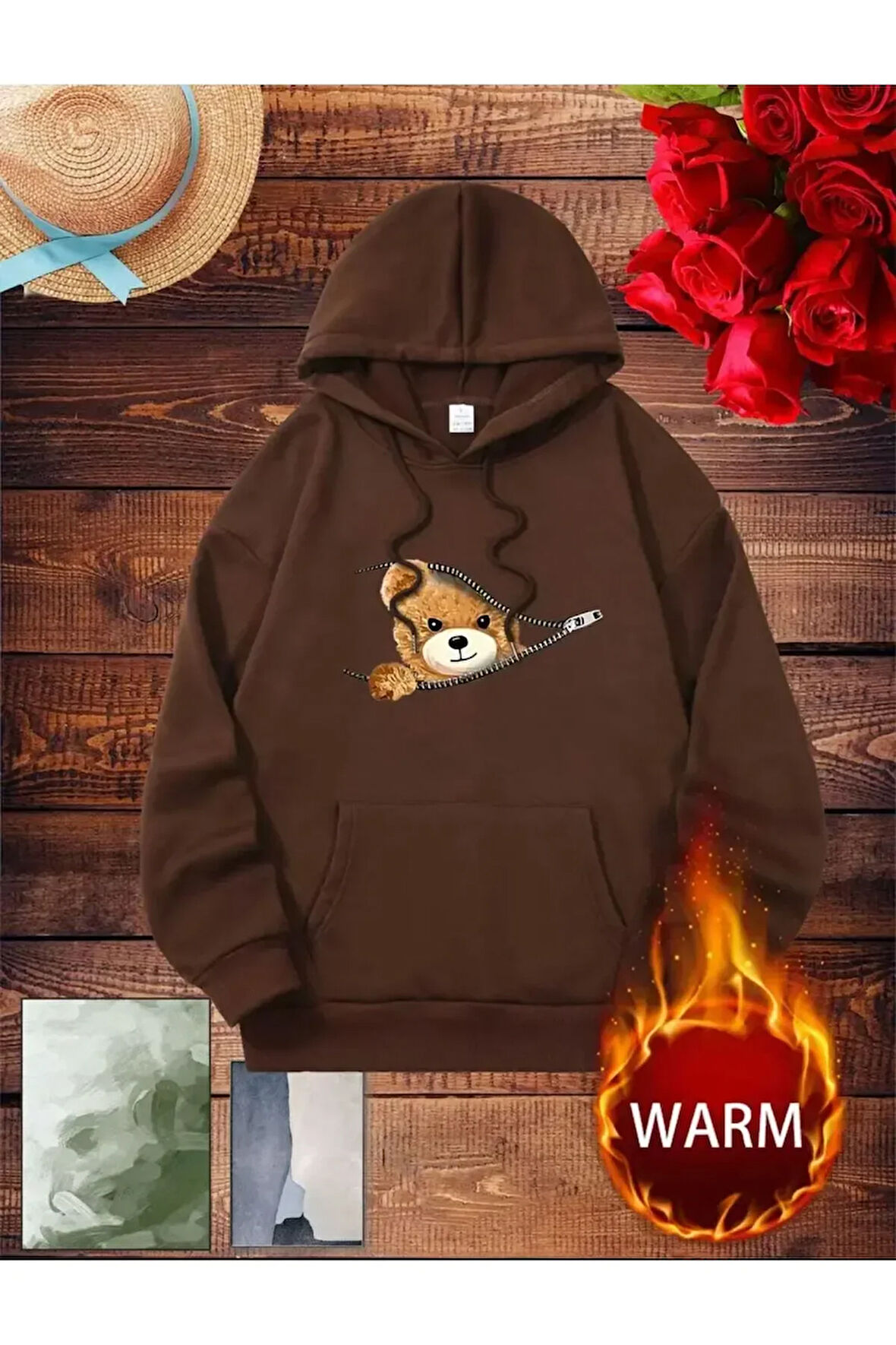 Fermuar Desenli Kedili Kapüşonlu Oversize Sweatshirt