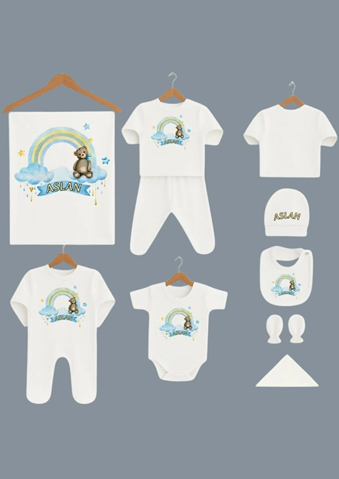 aslan ismine özel baskılı yenidoğan seti