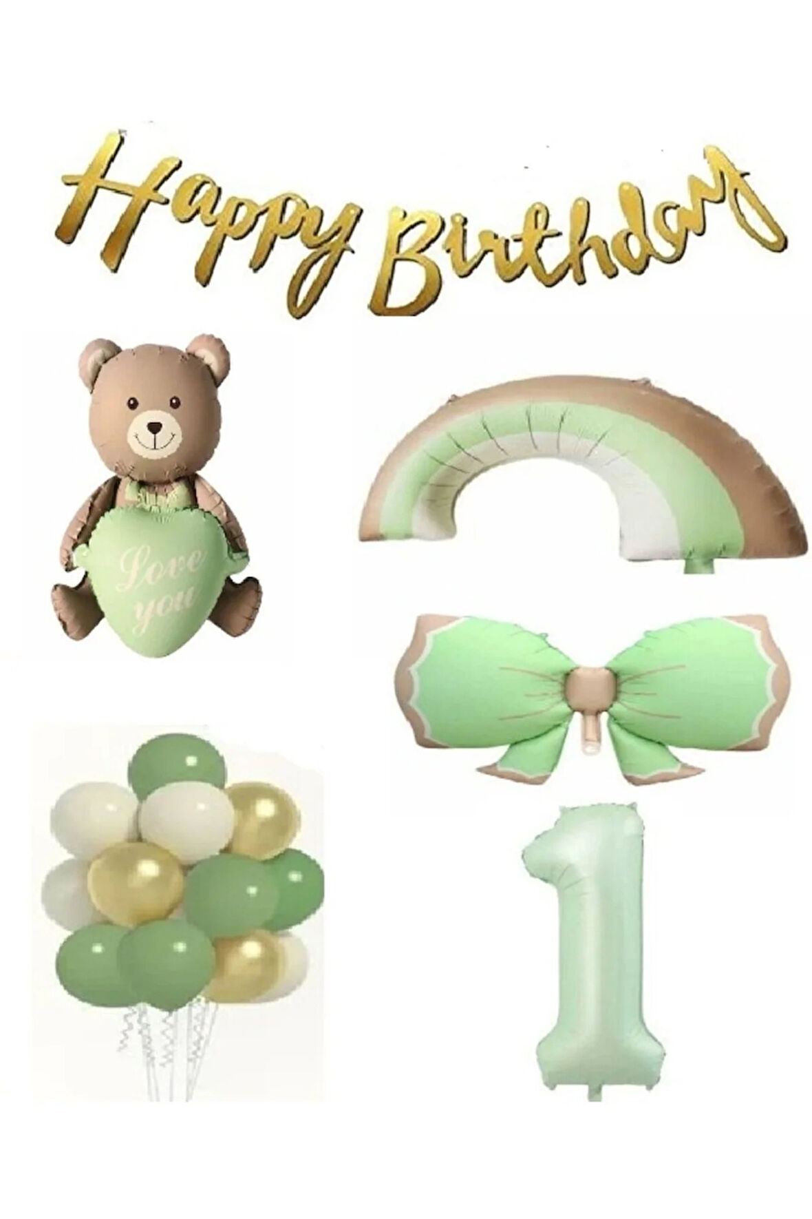retro yeşil fiyonk gökkuşağı folyo balonlu yaş balon set
