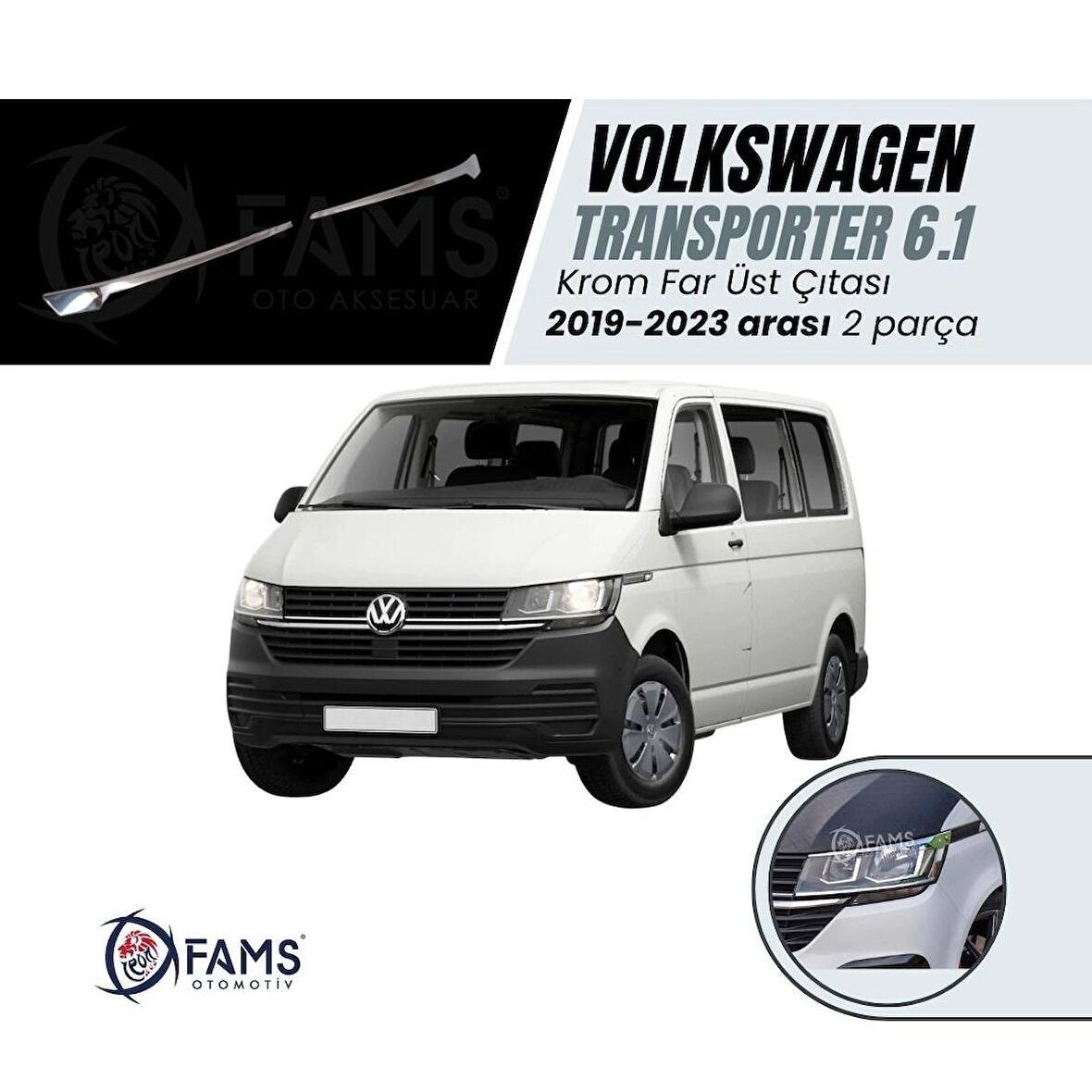 VW T6.1 TRANSPORTER 2019-2023 Arası Krom Far Üst Çıta 2 Parça Paslanmaz Çelik